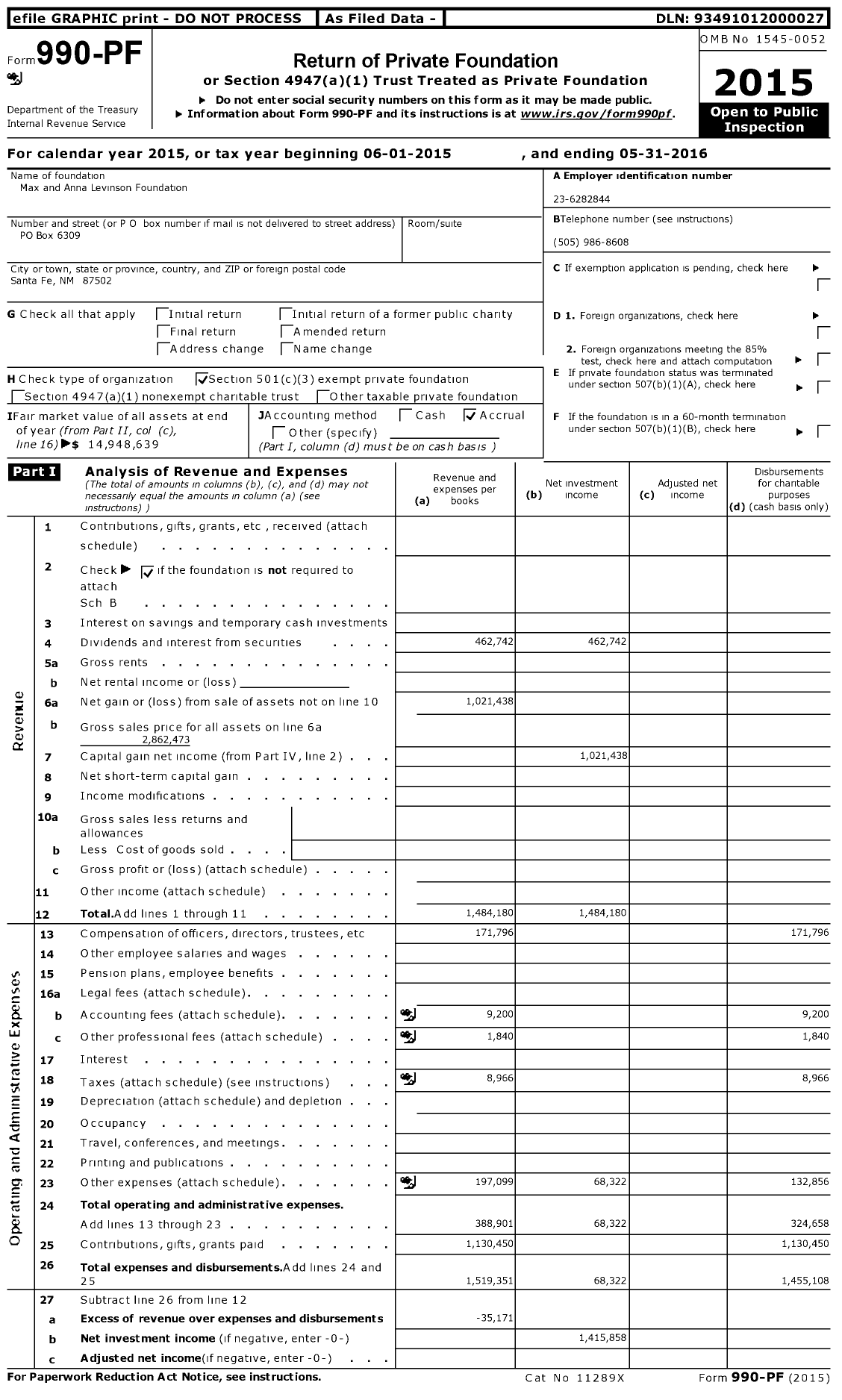 Image of first page of 2015 Form 990PF for Max and Anna Levinson Foundation