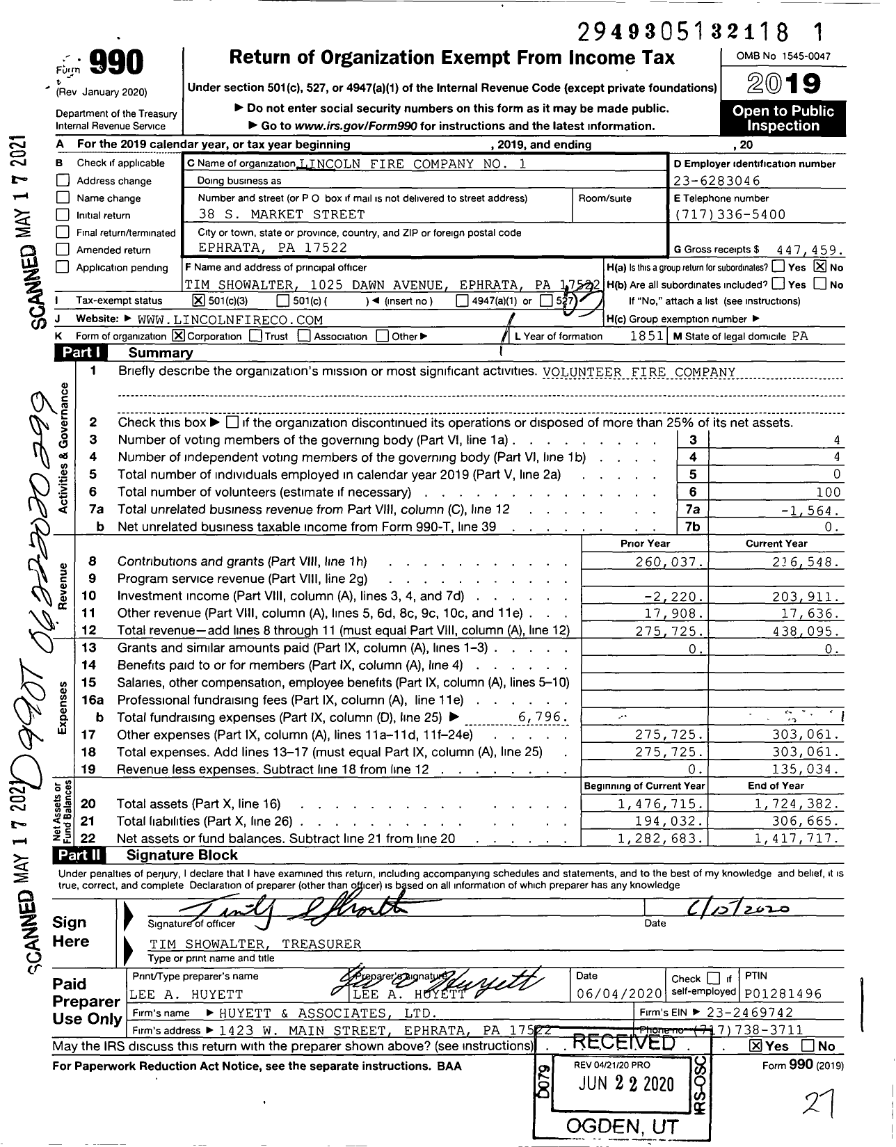 Image of first page of 2019 Form 990 for Lincoln Fire Company No 1