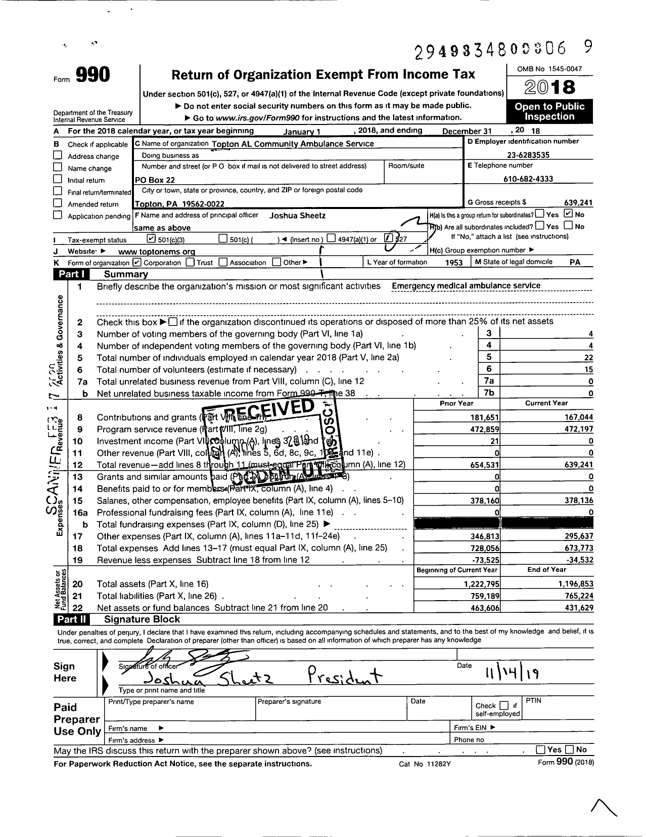 Image of first page of 2018 Form 990 for Topton Community Ambulance