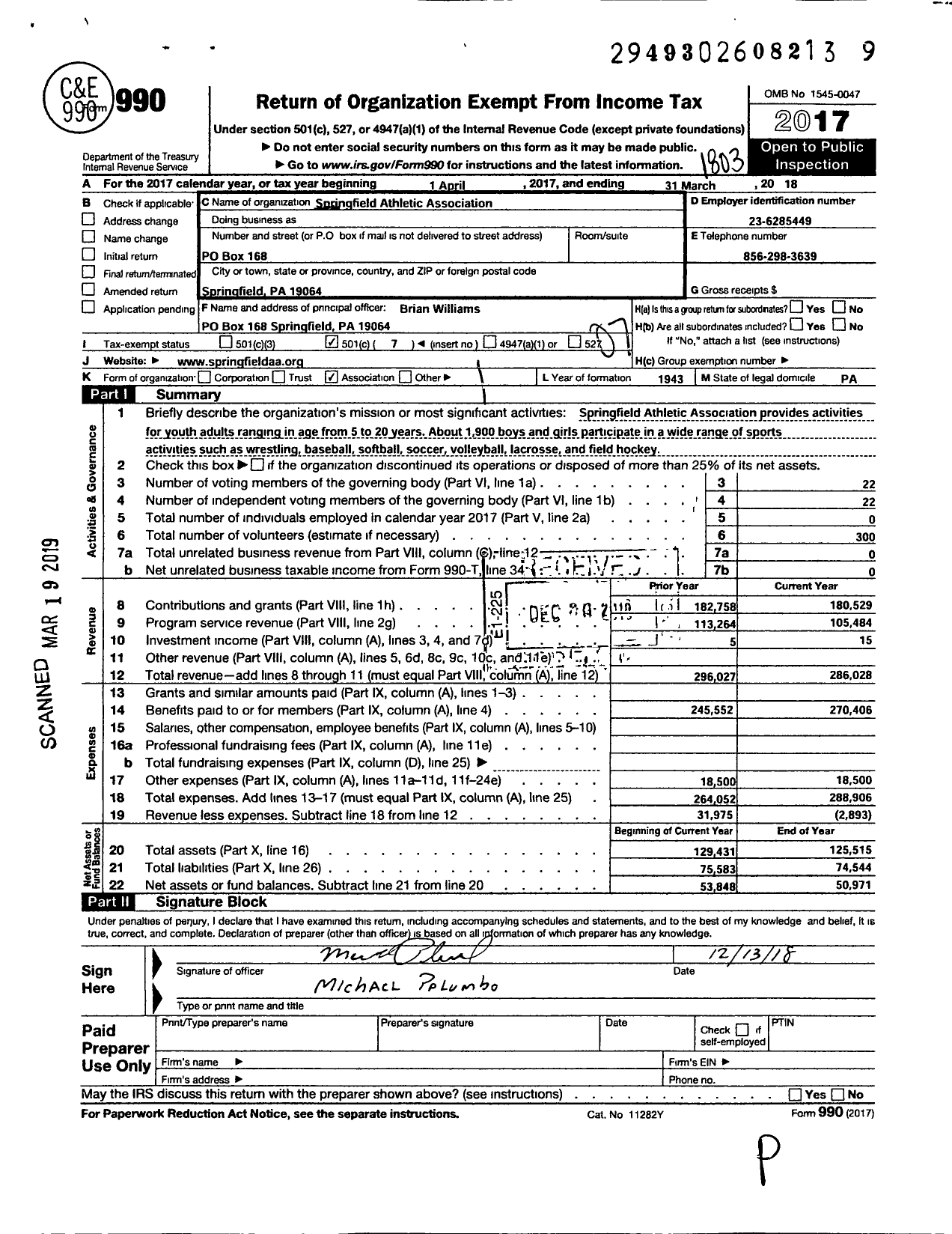 Image of first page of 2017 Form 990O for Springfield Athletic Association