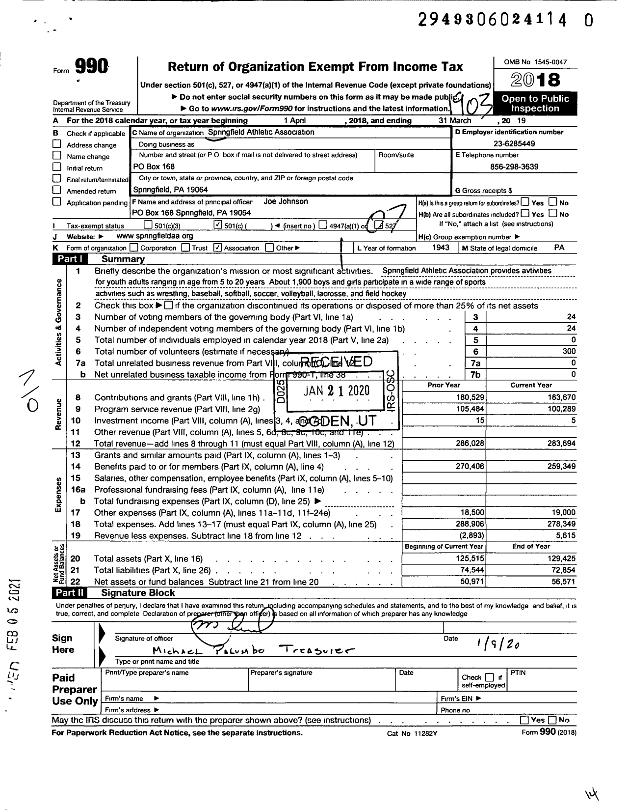 Image of first page of 2018 Form 990O for Springfield Athletic Association