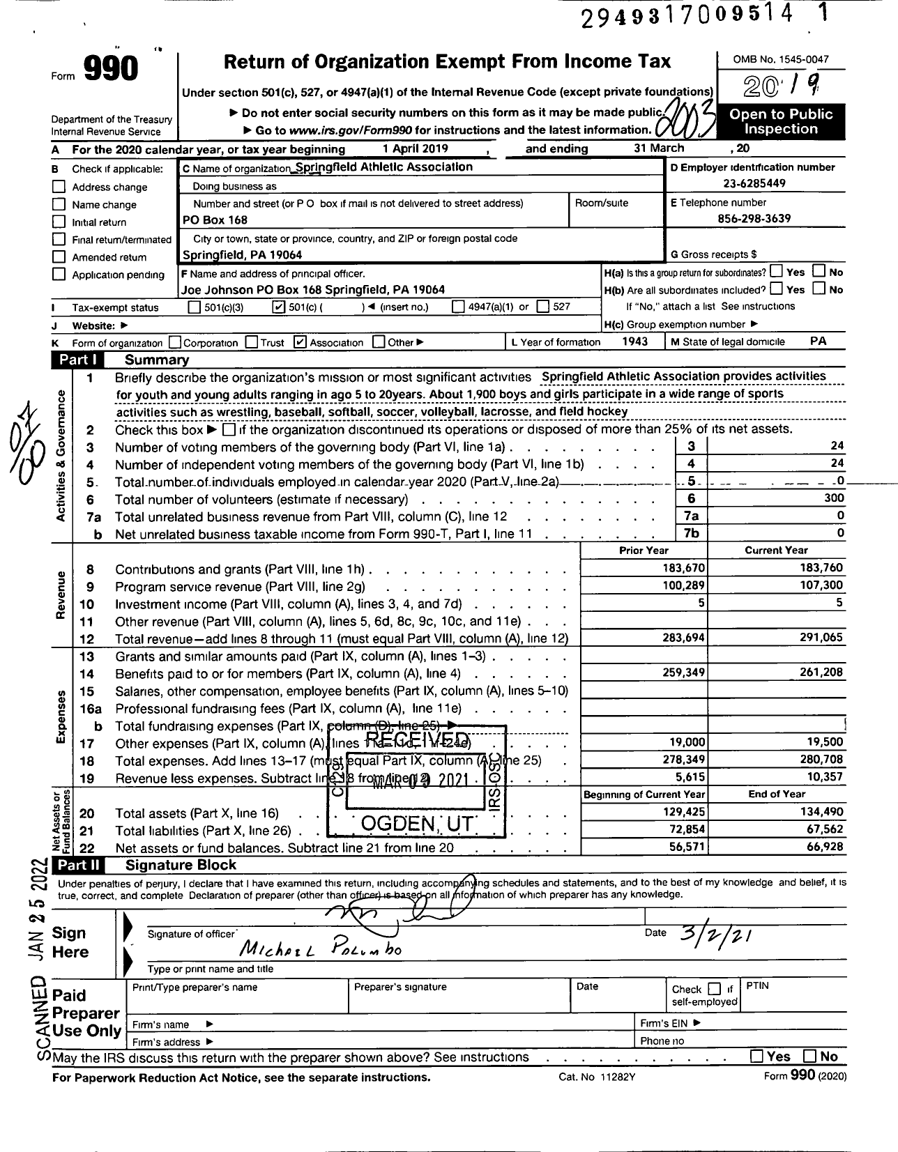 Image of first page of 2019 Form 990O for Springfield Athletic Association