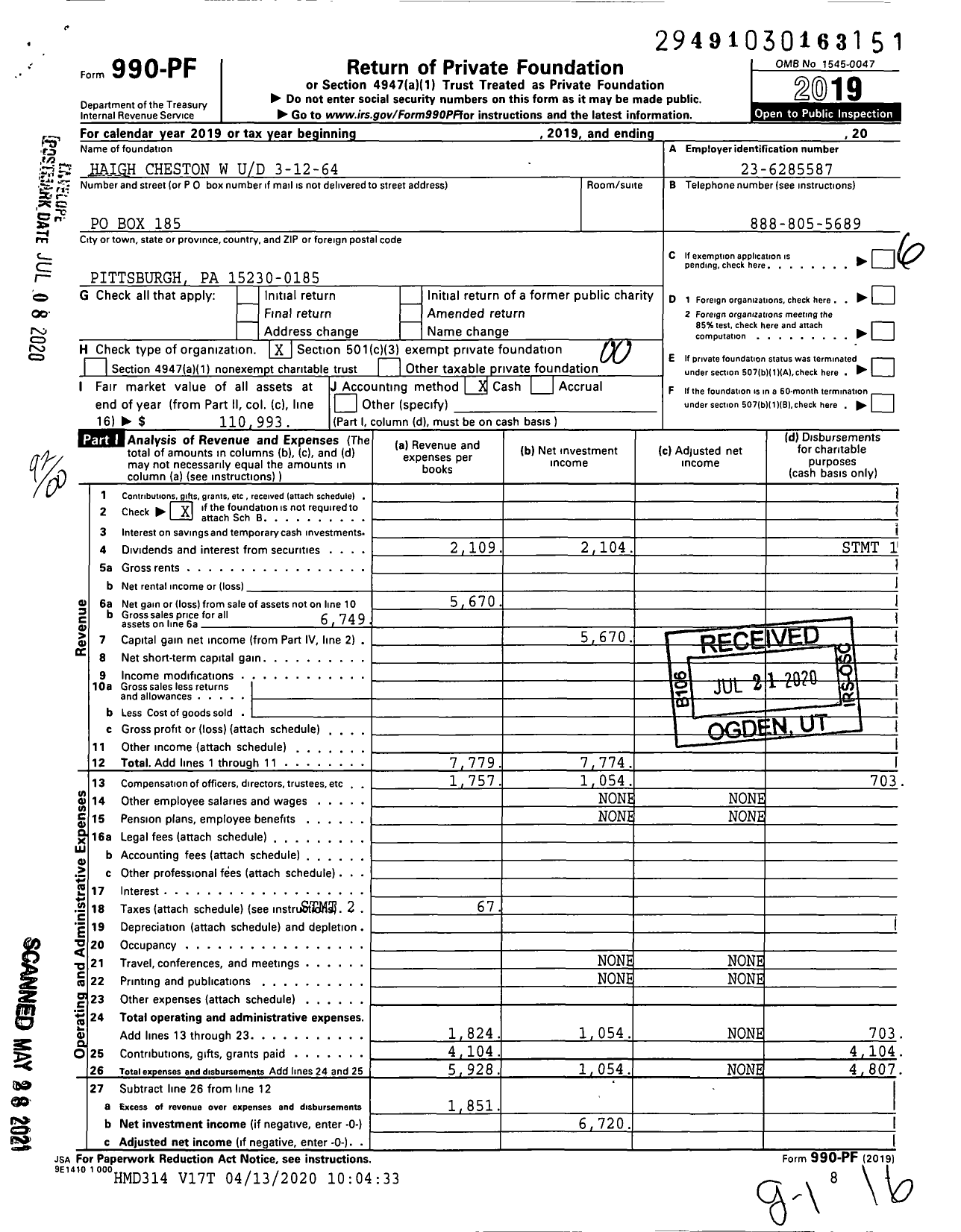 Image of first page of 2019 Form 990PF for Haigh Cheston W Ud 3-12-64