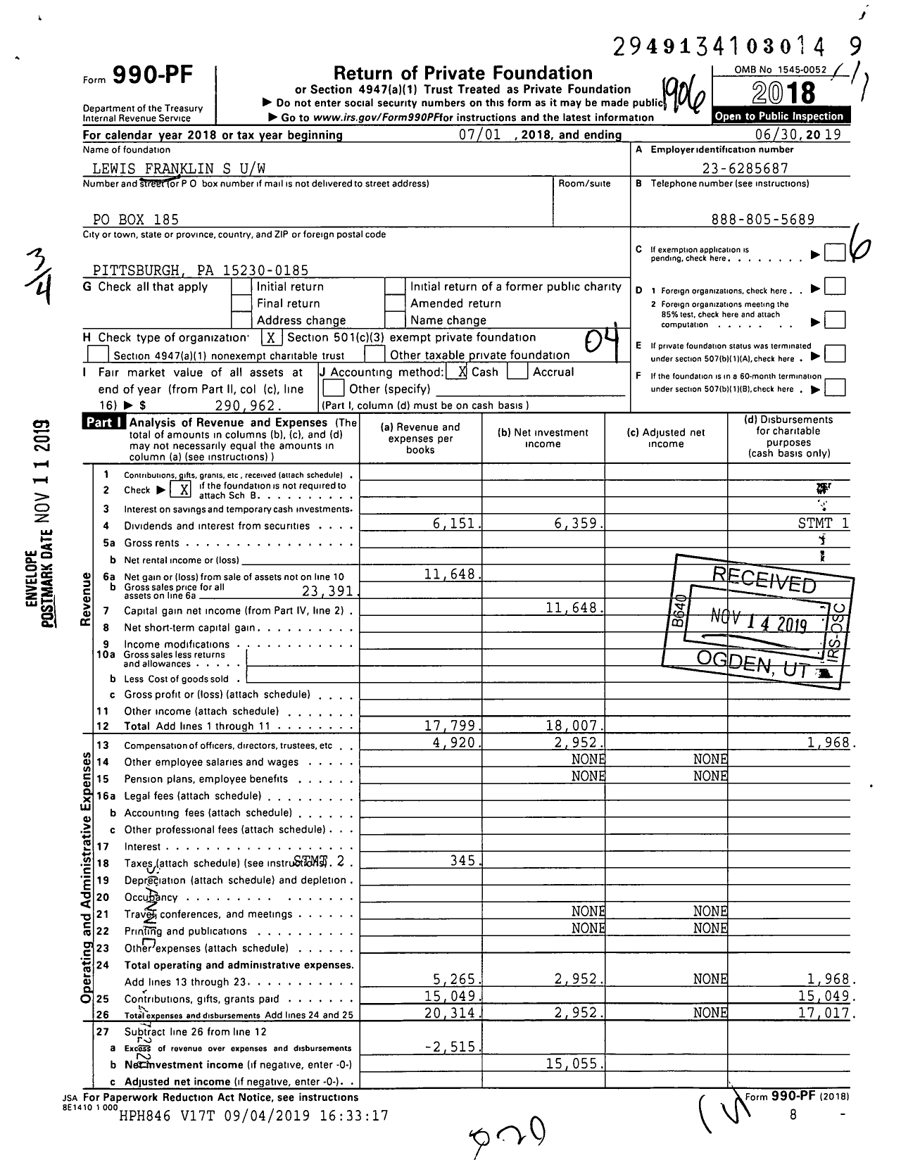 Image of first page of 2018 Form 990PF for Lewis Franklin S Uw