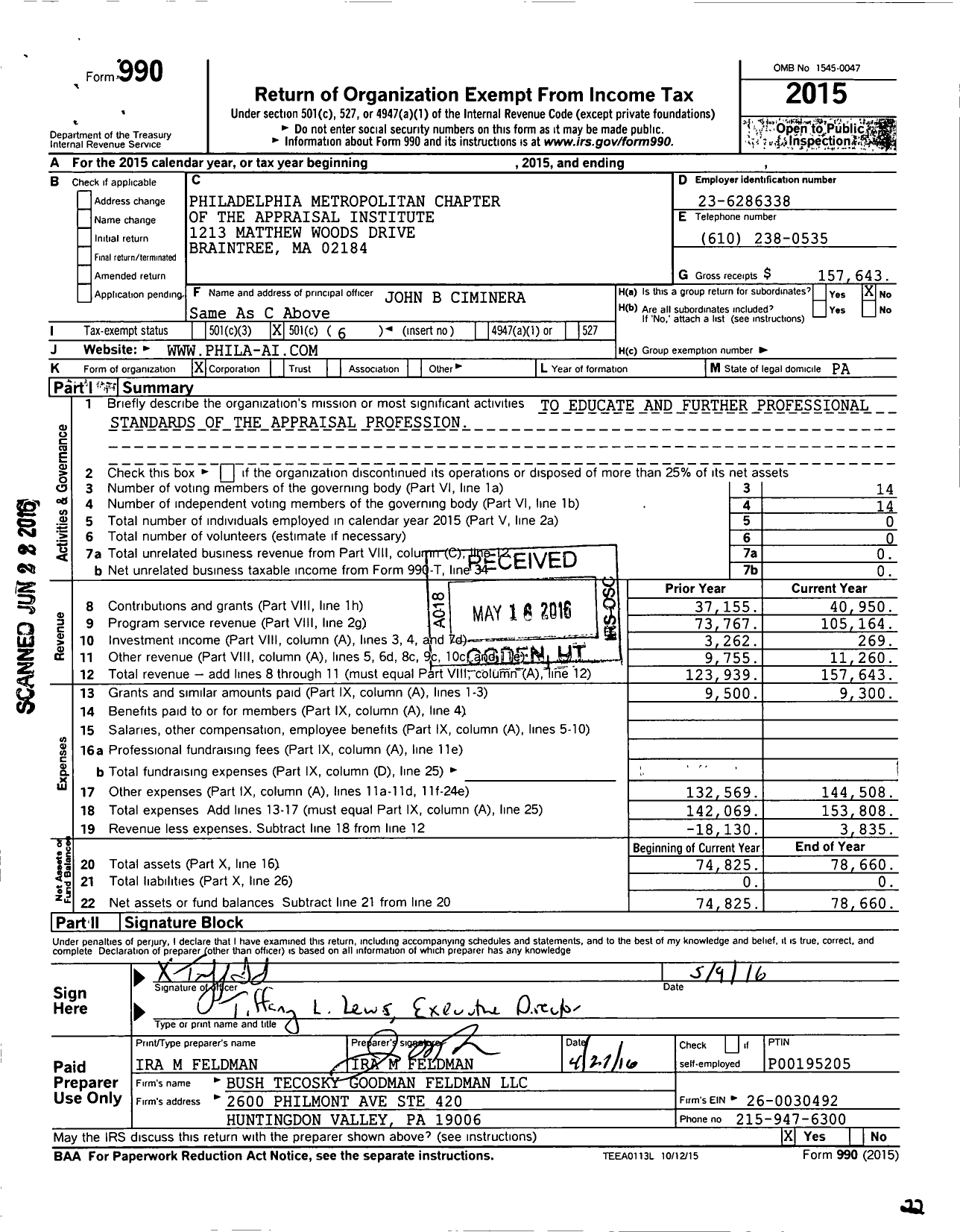 Image of first page of 2015 Form 990O for Philadelphia Metropolitan Chapter of the Appraisal Institute