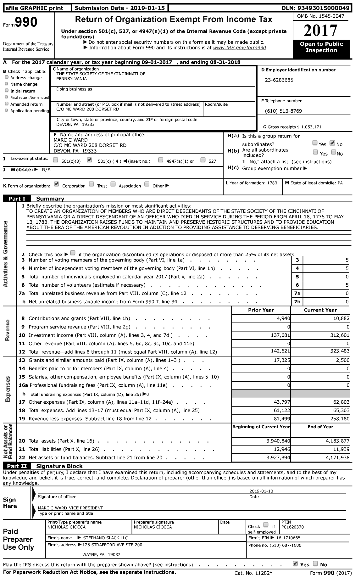 Image of first page of 2017 Form 990 for The State Society of the Cincinnati of Pennsylvania