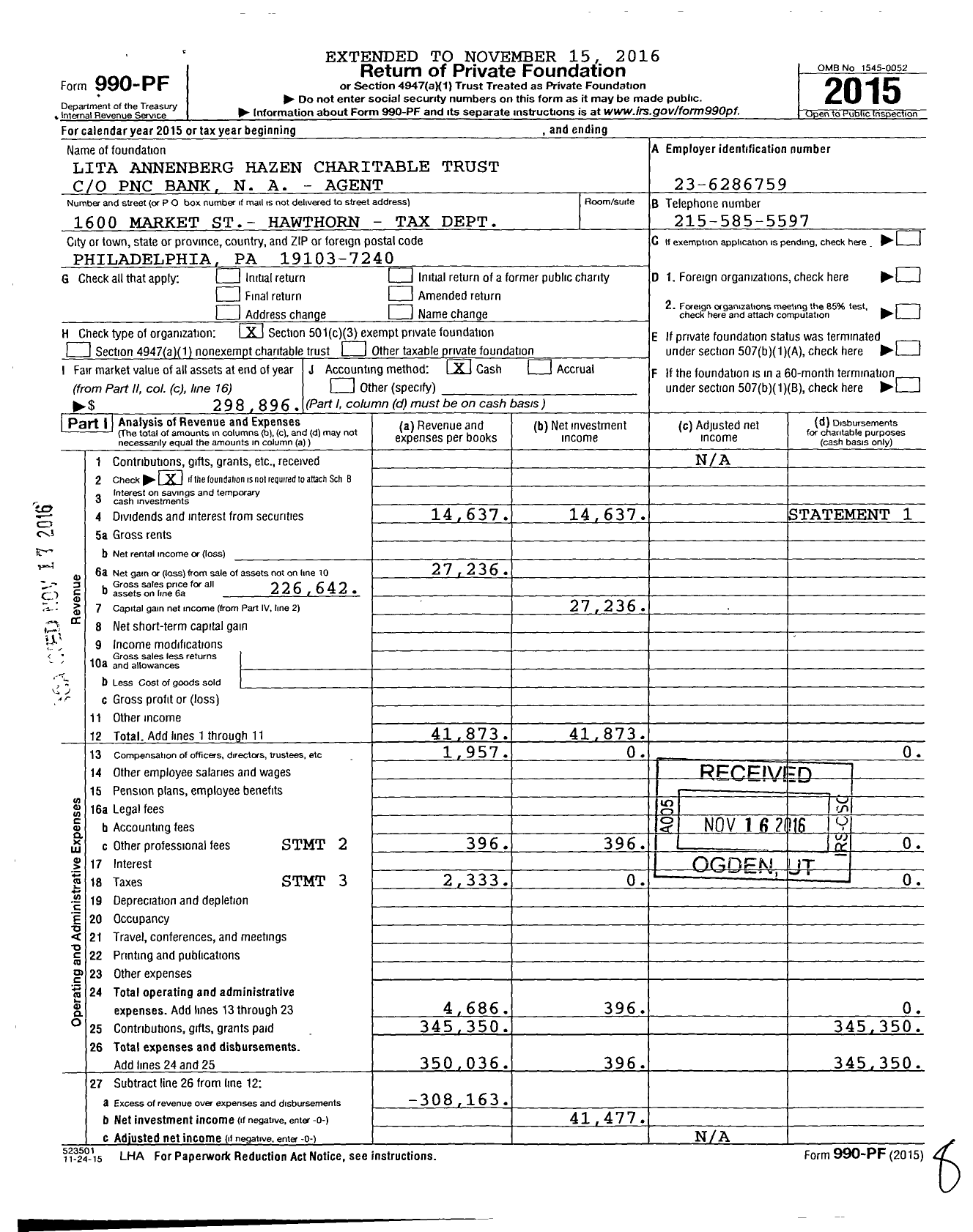 Image of first page of 2015 Form 990PF for Lita Annenberg Hazen Charitable Trust Cynthia Hazen Polsky Trustee