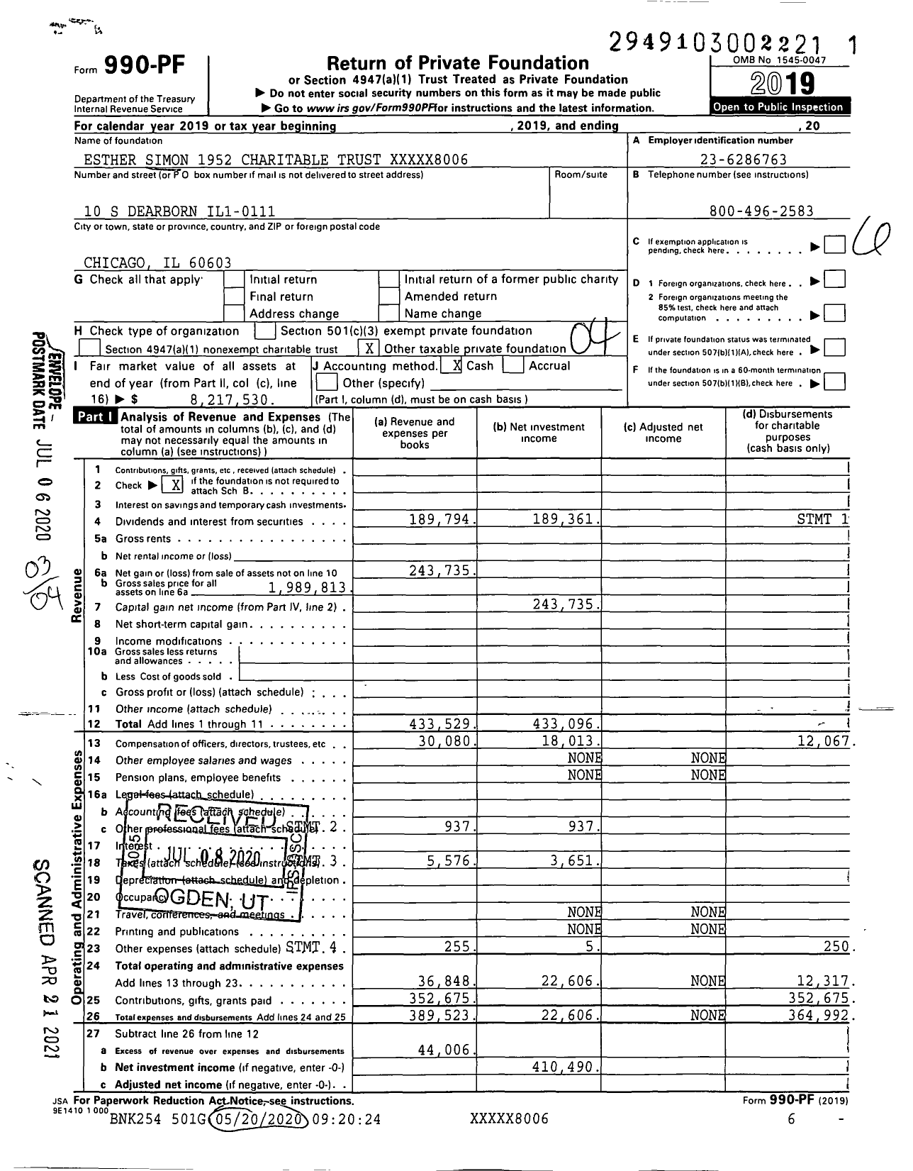 Image of first page of 2019 Form 990PF for Esther Simon 1952 Charitable Trust XXXXX8006