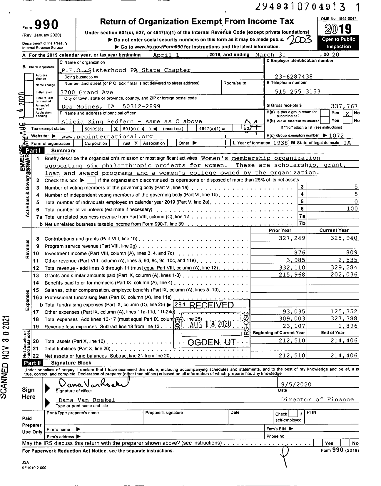 Image of first page of 2019 Form 990O for PEO Sisterhood International - 23 Pennsylvania State Chapter