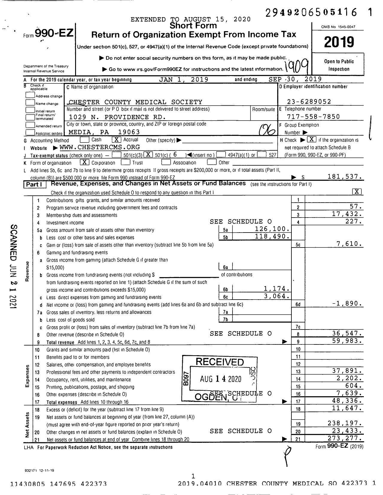 Image of first page of 2018 Form 990EO for Chester County Medical Society