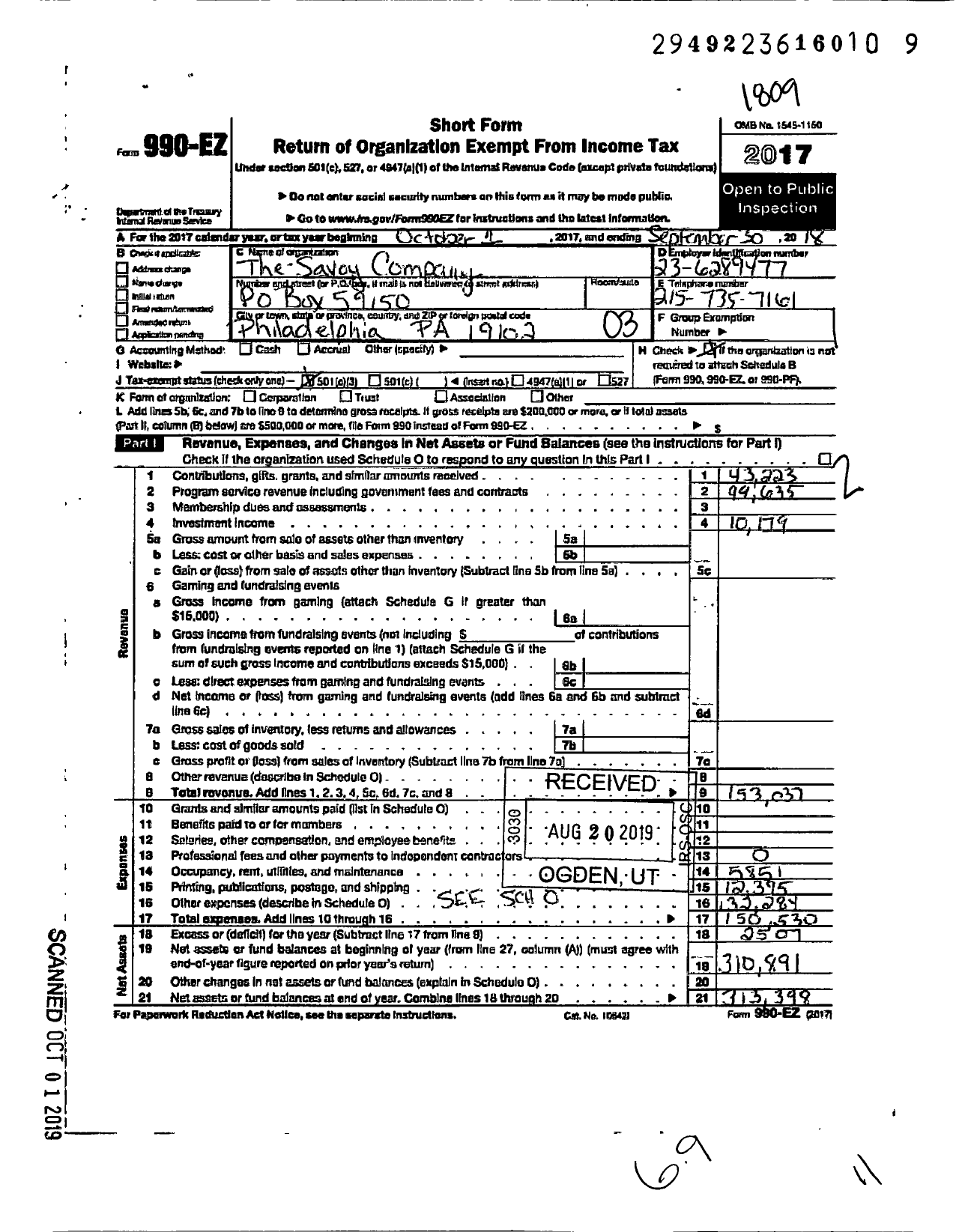 Image of first page of 2017 Form 990EZ for The Savoy Company