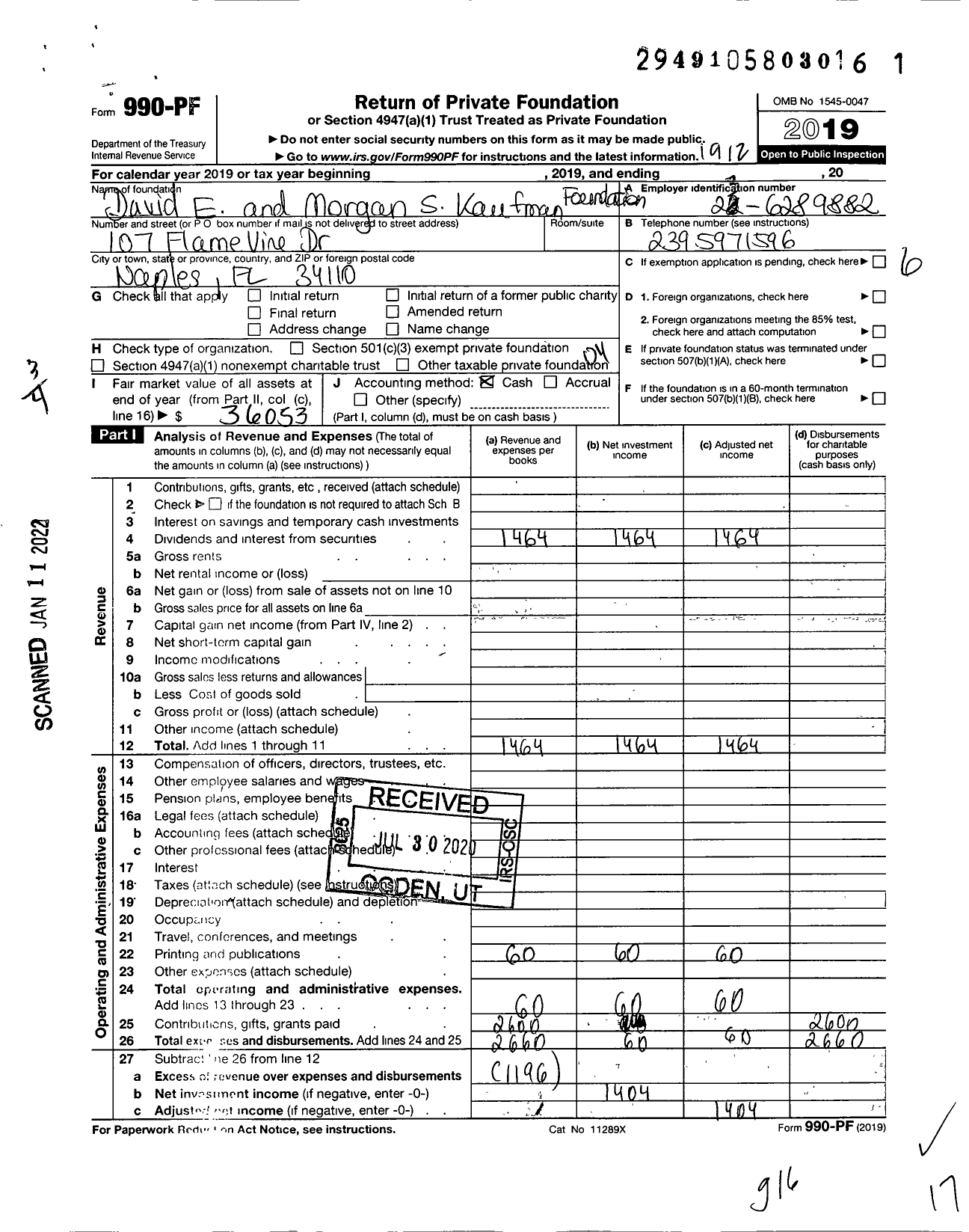 Image of first page of 2019 Form 990PF for David E and Morgan S Kaufman Foundation