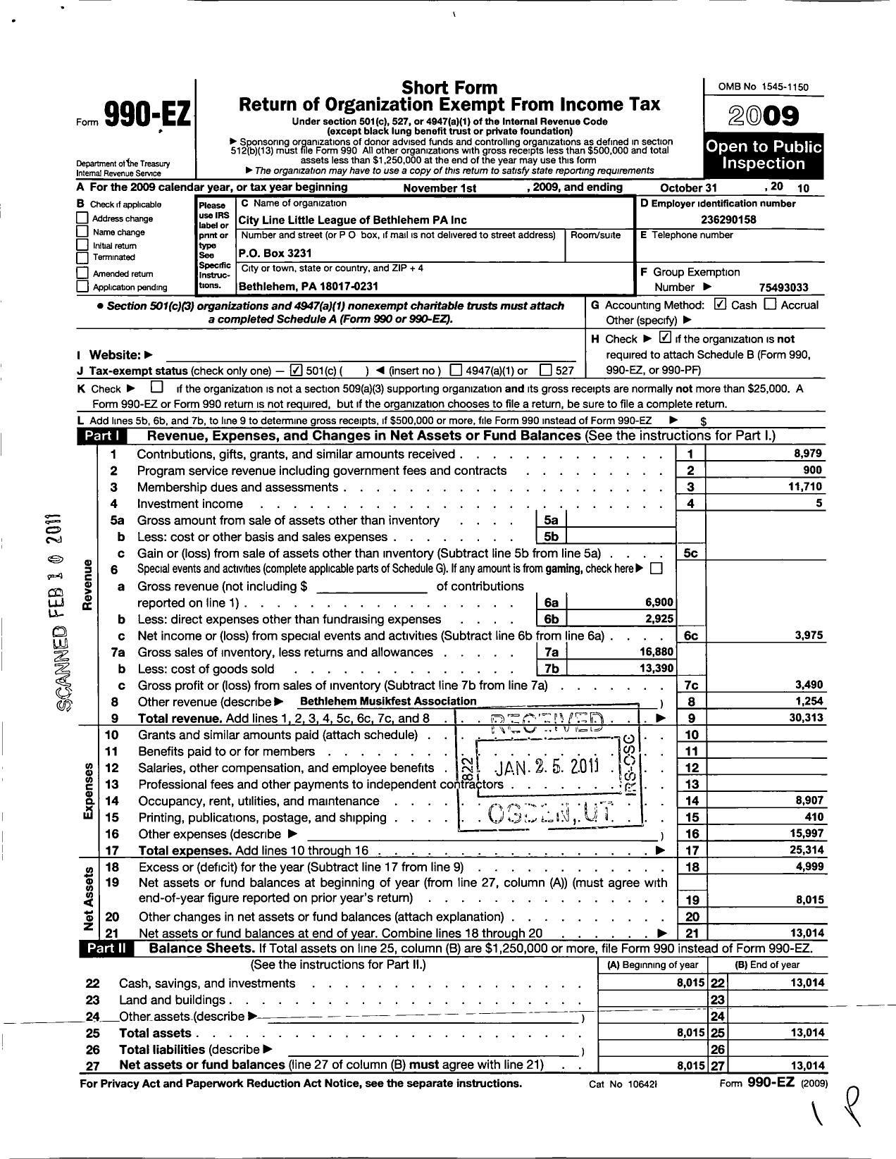 Image of first page of 2009 Form 990EO for Little League Baseball - 2382004 North Bethlehem LL