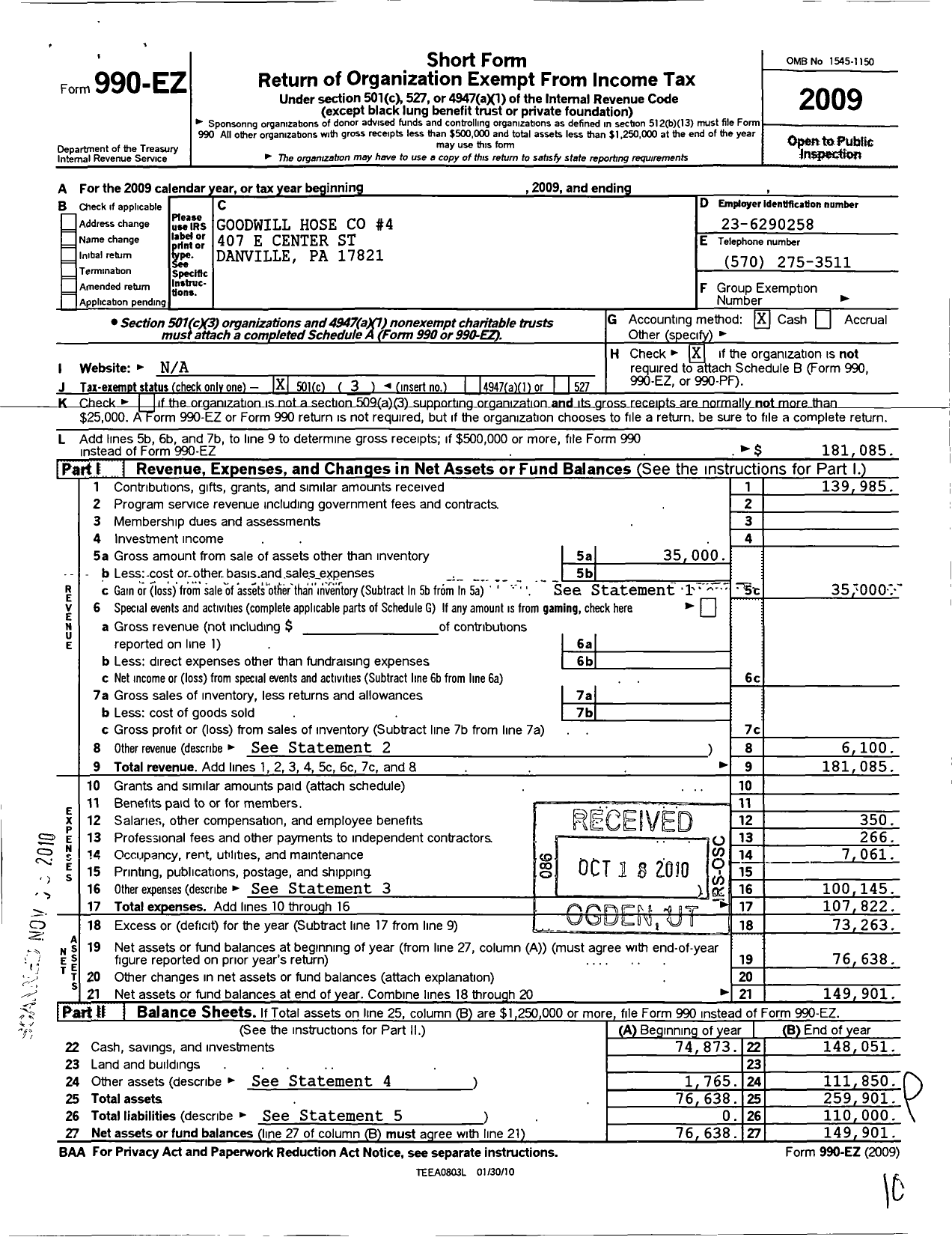 Image of first page of 2009 Form 990EZ for Good Will Fire Company-4