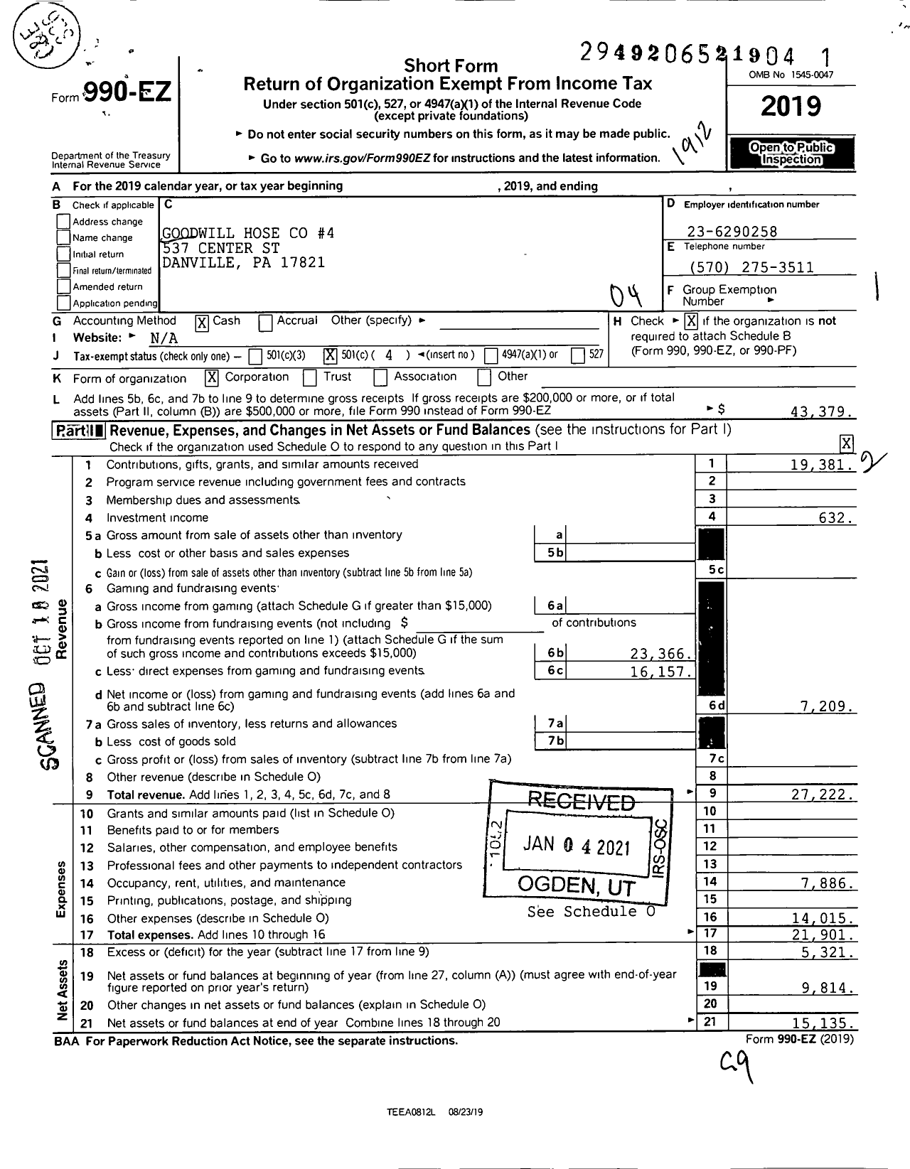 Image of first page of 2019 Form 990EO for Good Will Fire Company-4