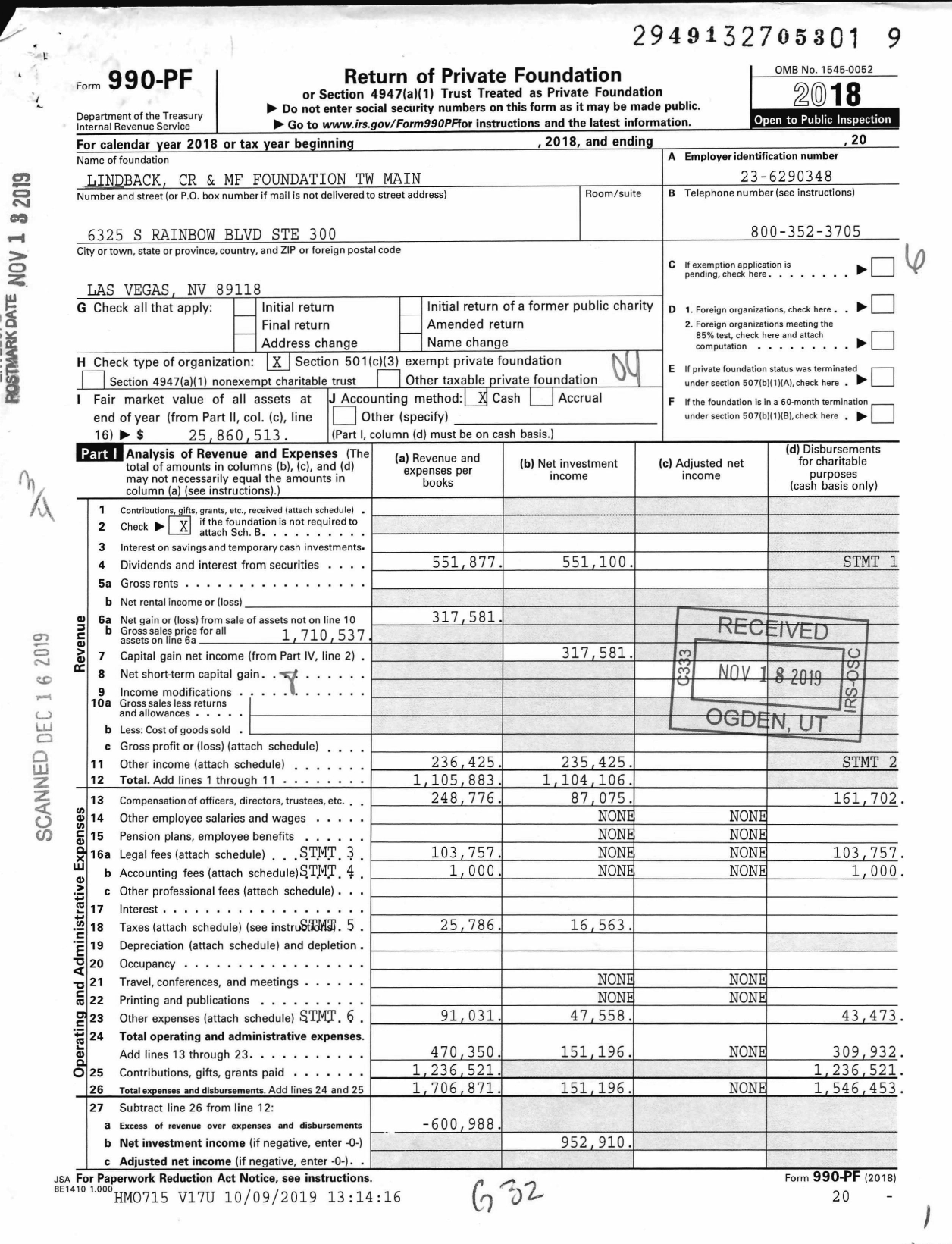 Image of first page of 2018 Form 990PF for Lindback CR and MF Foundation TW Main