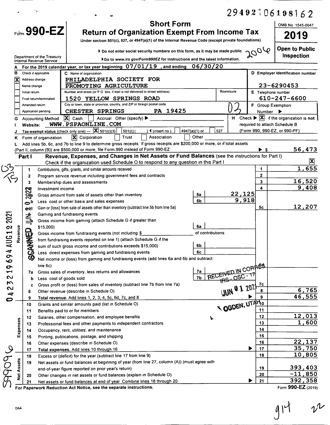 Image of first page of 2019 Form 990EZ for Philadelphia Society for Promoting Agriculture