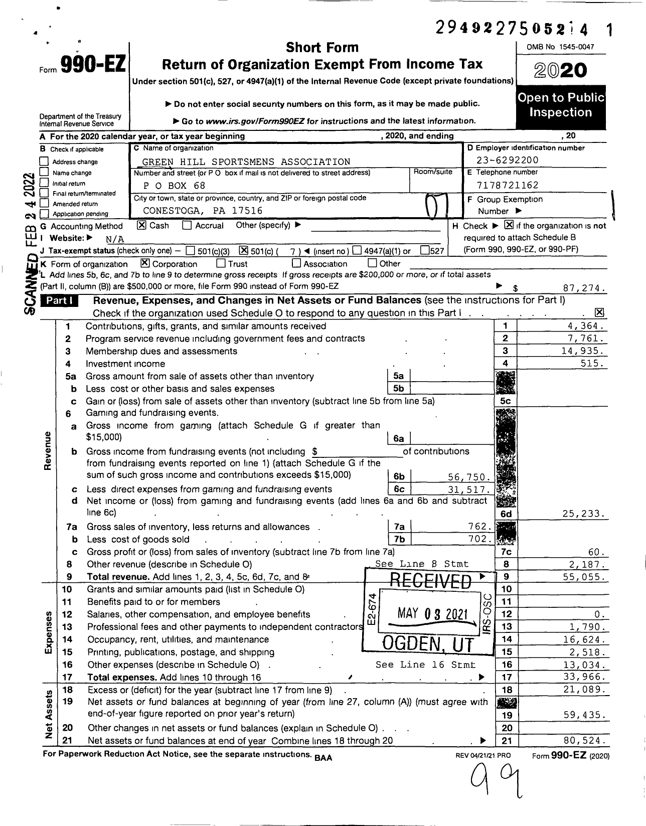 Image of first page of 2020 Form 990EO for Green Hill Sportsmens Association