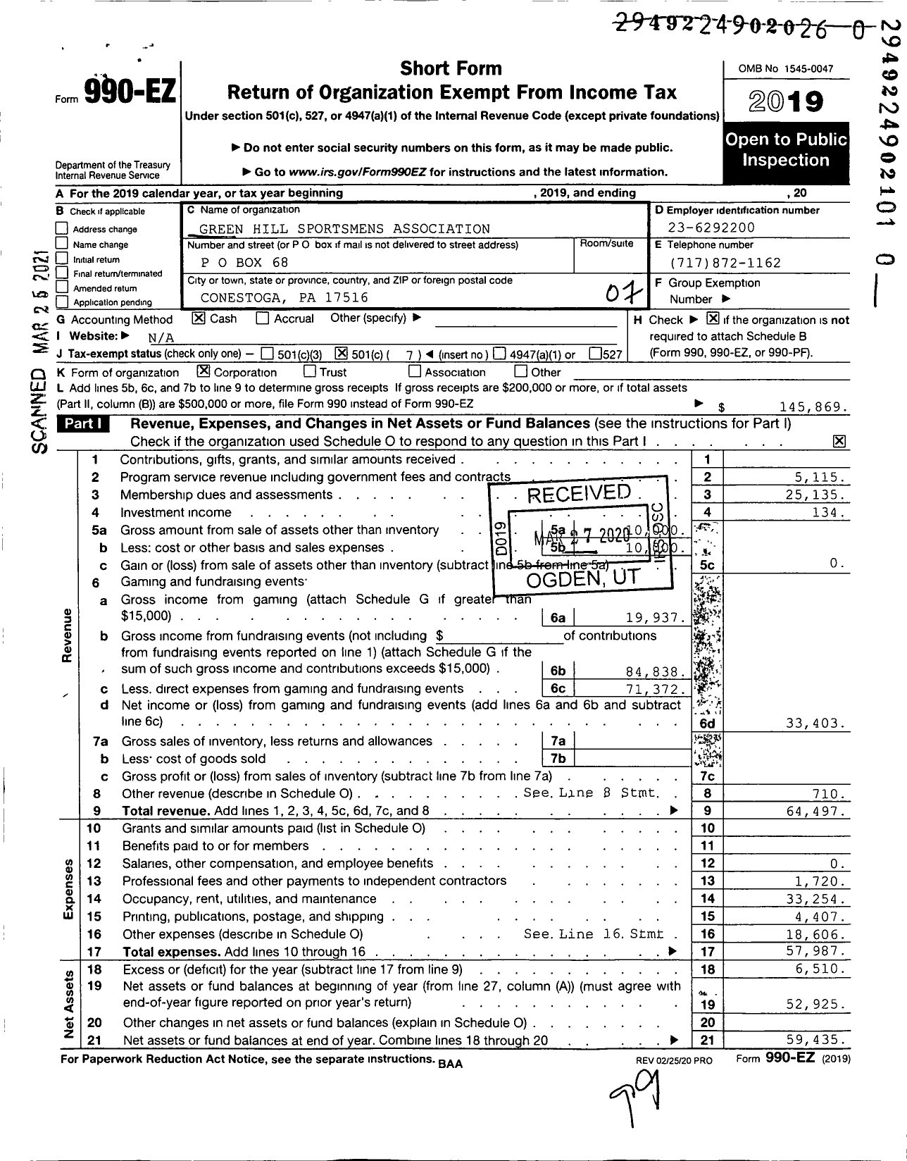 Image of first page of 2019 Form 990EO for Green Hill Sportsmens Association