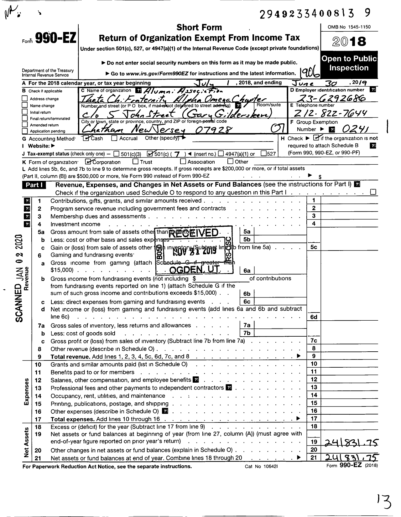 Image of first page of 2018 Form 990EO for Alumni Association of Theta Chi Fraternity Alpha Omega Chapter