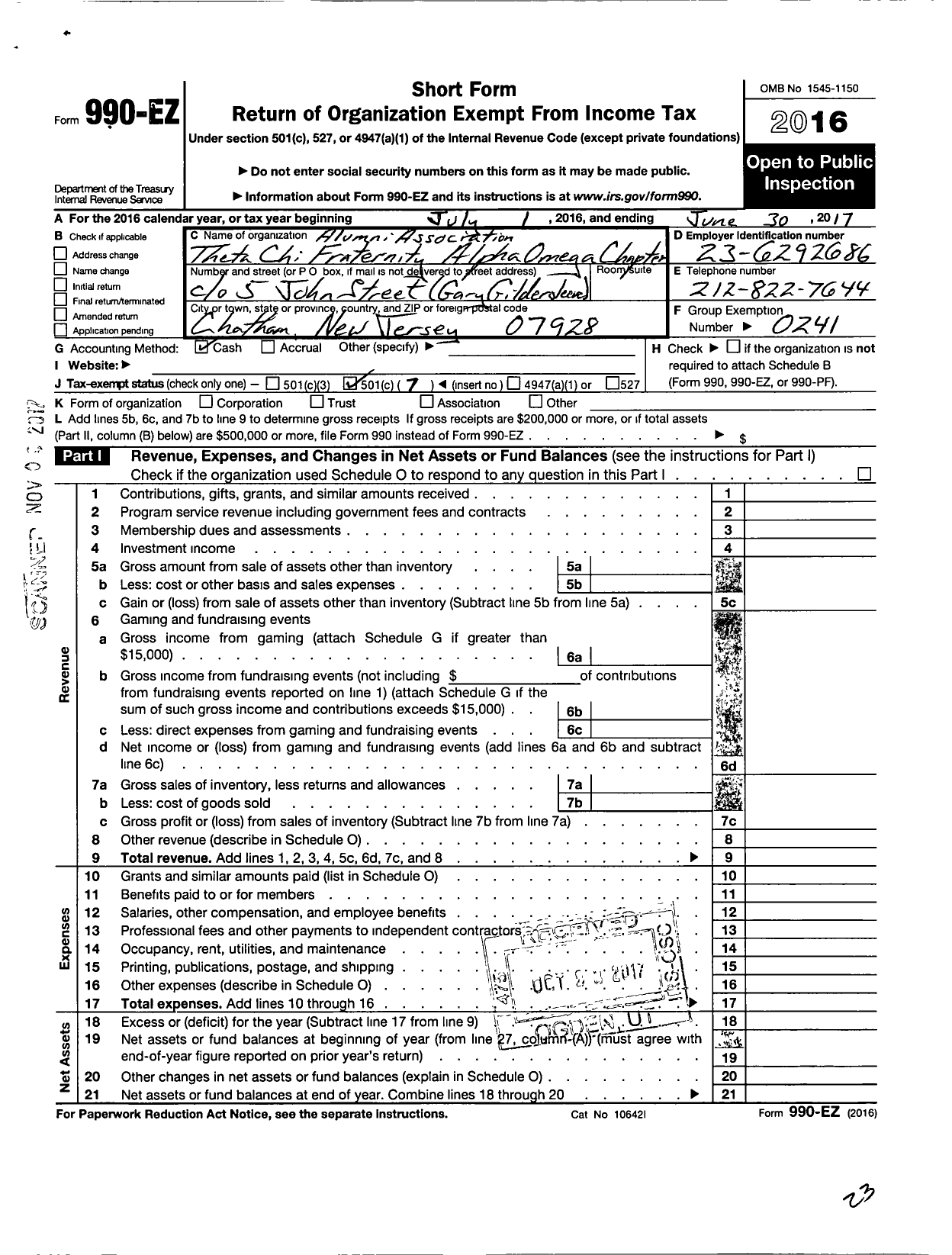 Image of first page of 2016 Form 990EO for Alumni Association of Theta Chi Fraternity Alpha Omega Chapter