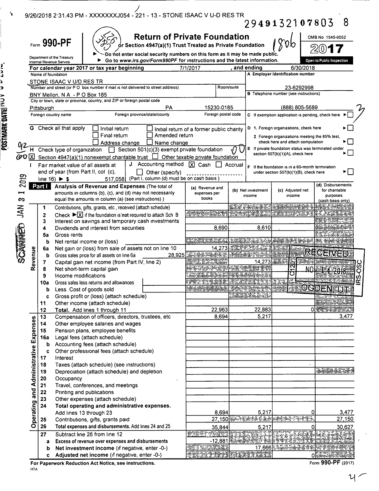 Image of first page of 2017 Form 990PF for Stone Isaac V Ud Res Trust