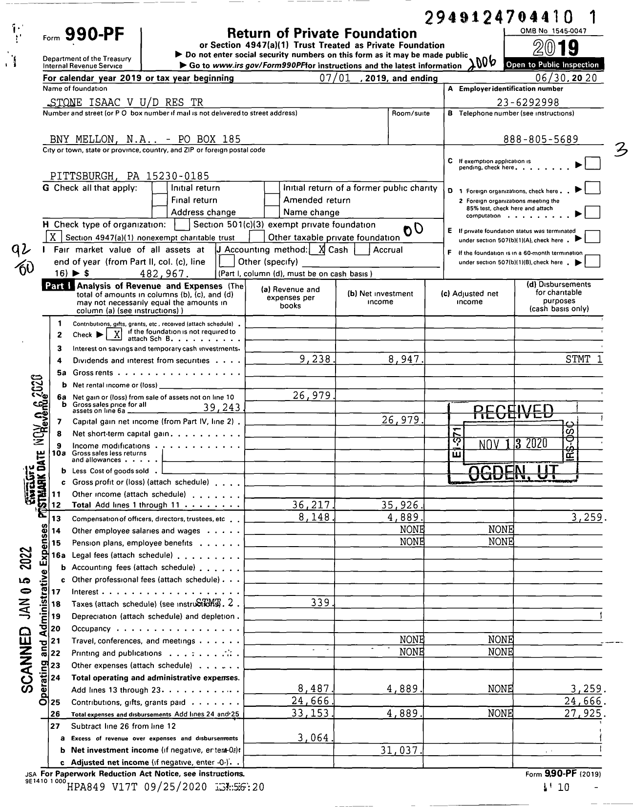 Image of first page of 2019 Form 990PF for Stone Isaac V Ud Res Trust