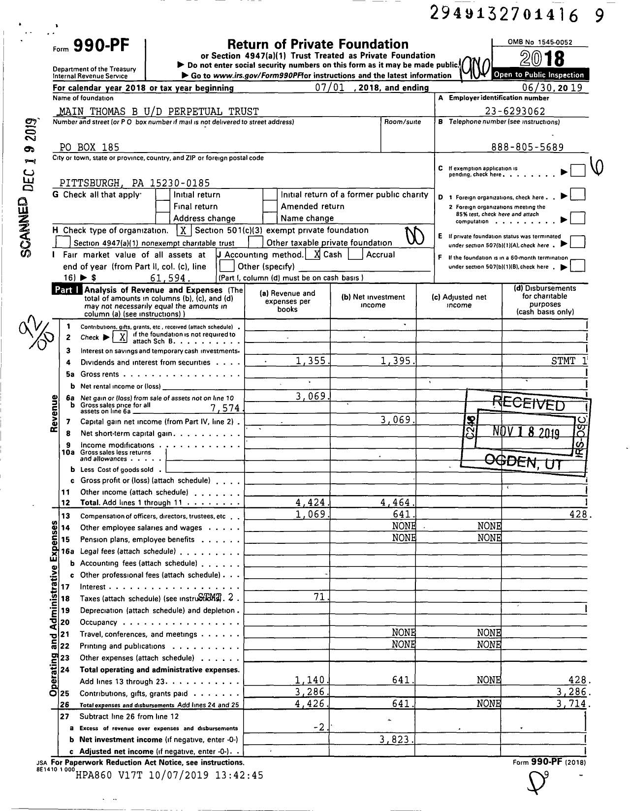 Image of first page of 2018 Form 990PF for Main Thomas B Ud Perpetual Trust