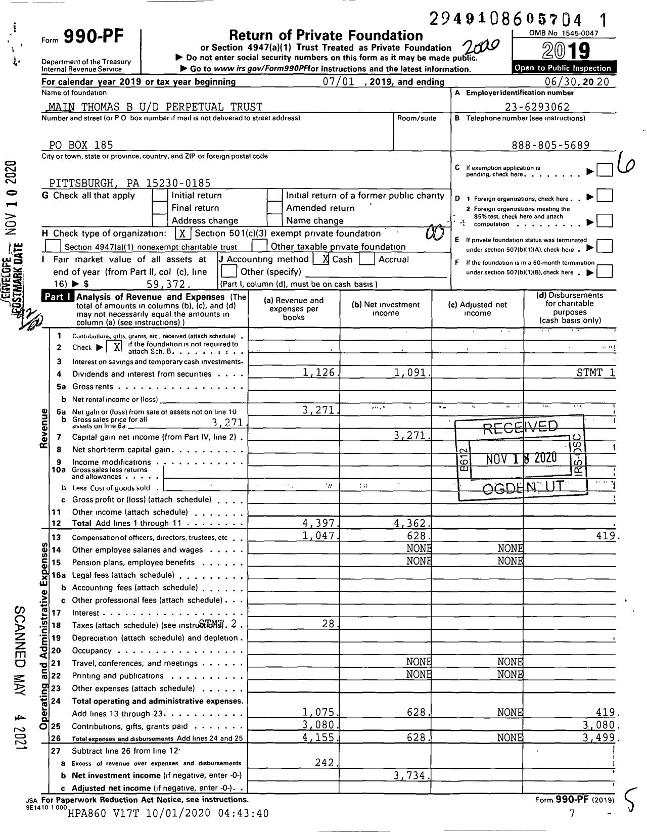 Image of first page of 2019 Form 990PF for Main Thomas B Ud Perpetual Trust