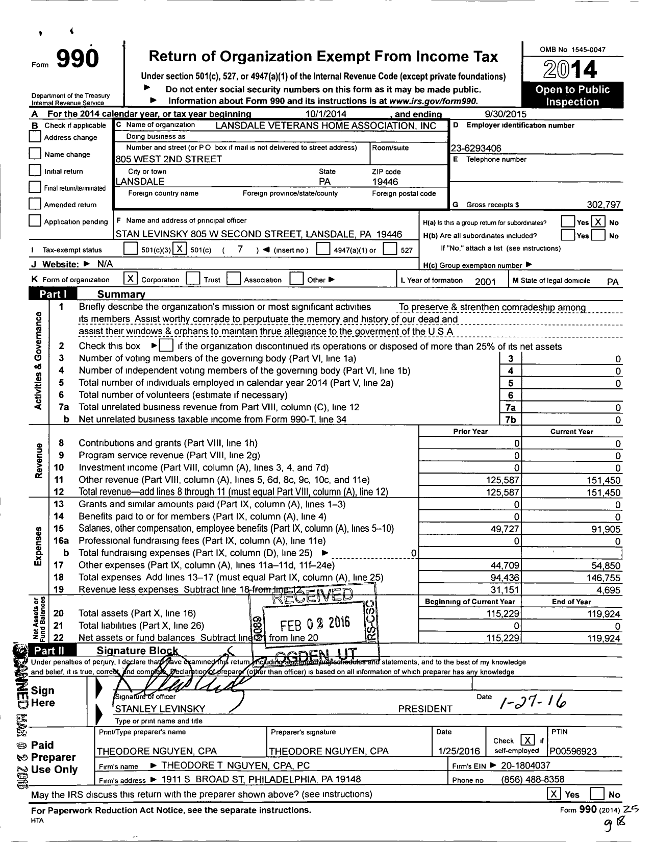 Image of first page of 2014 Form 990O for Lansdale Veterans Home Association