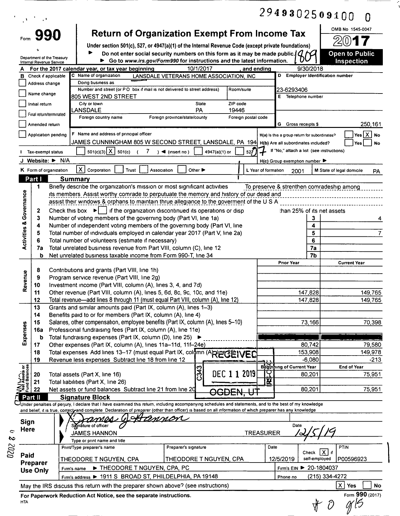 Image of first page of 2017 Form 990O for Lansdale Veterans Home Association