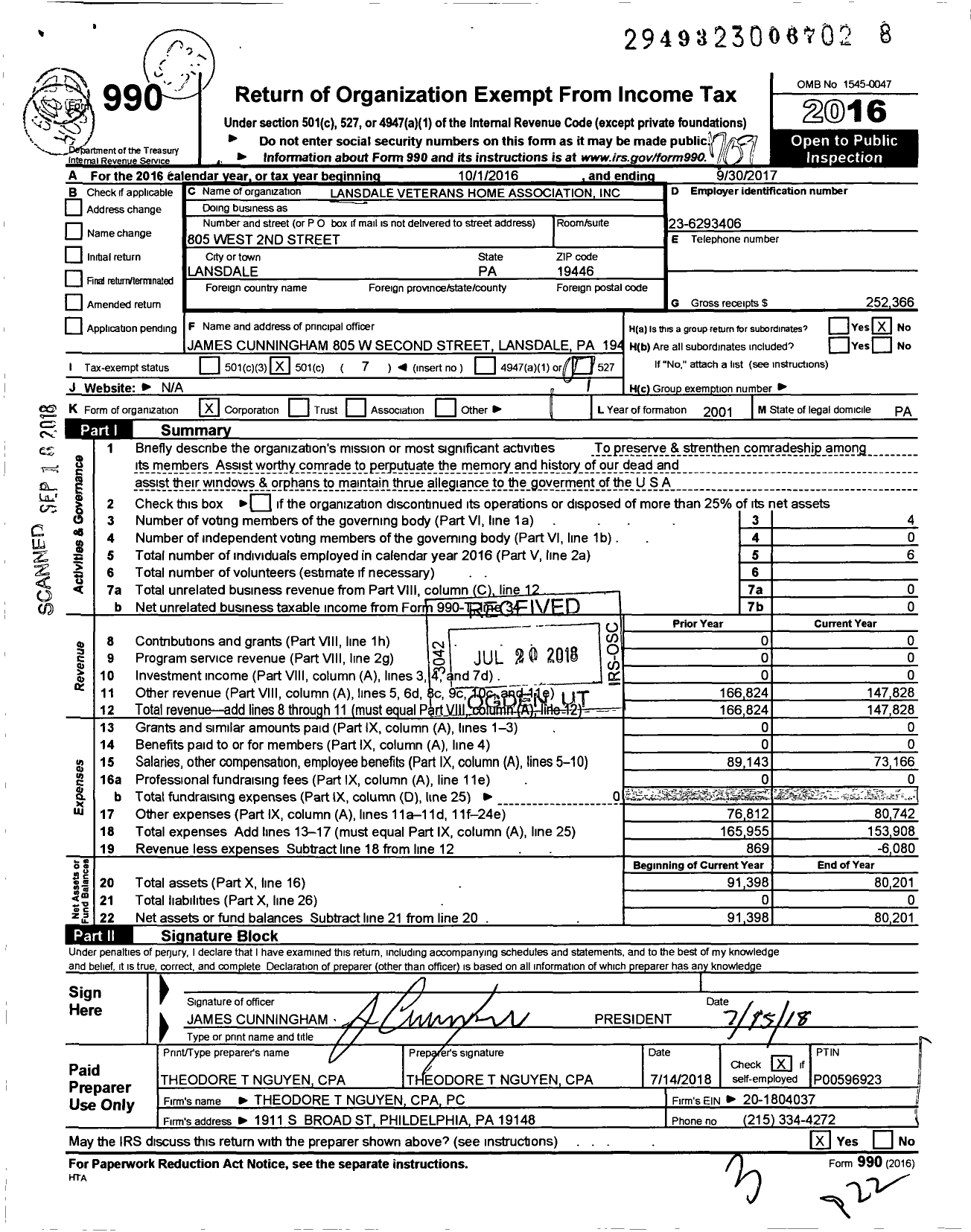 Image of first page of 2016 Form 990O for Lansdale Veterans Home Association