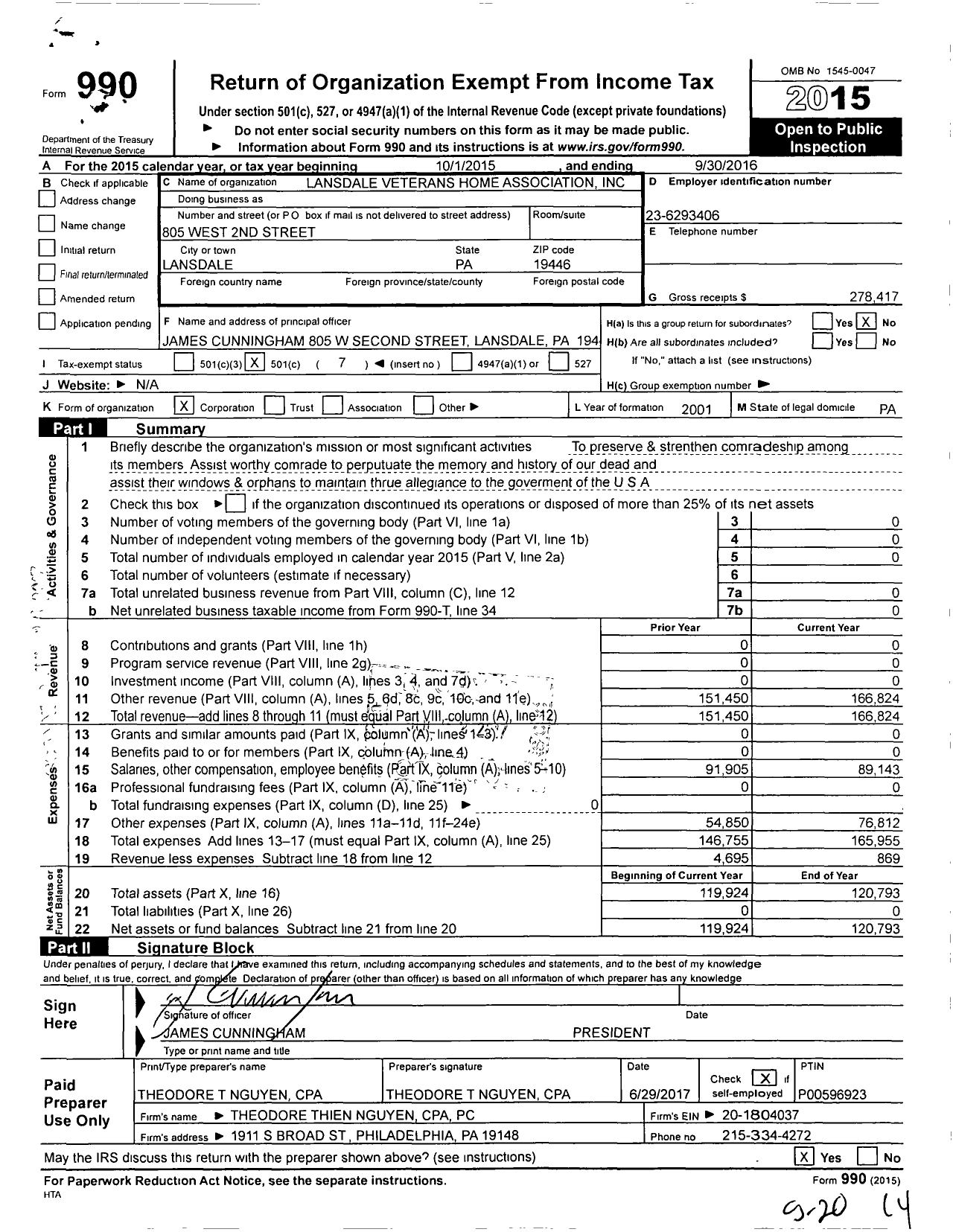 Image of first page of 2015 Form 990O for Lansdale Veterans Home Association