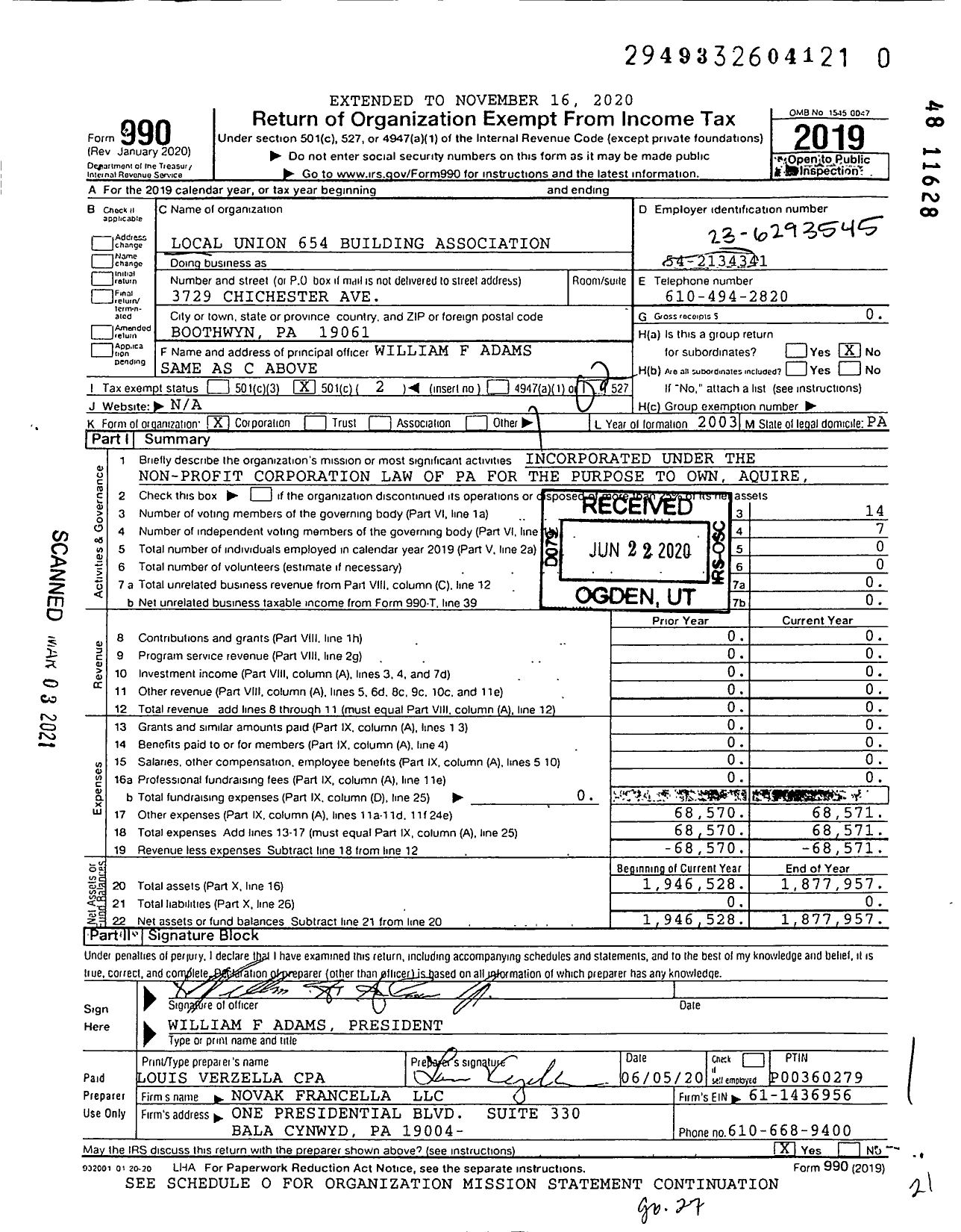 Image of first page of 2019 Form 990O for Lower Saucon Church Cemetery Association