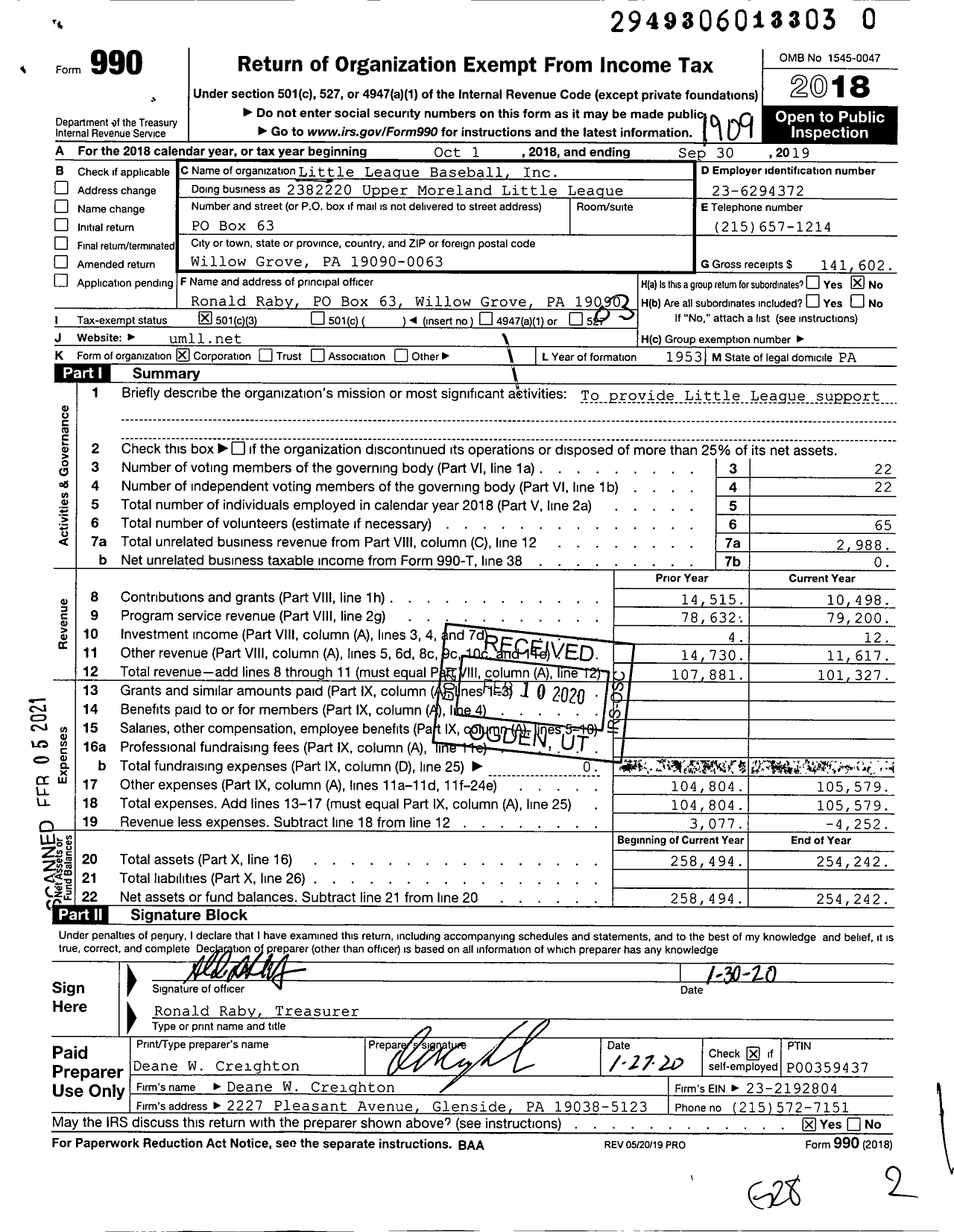 Image of first page of 2018 Form 990 for Little League Baseball - 2382220 Upper Moreland Little League