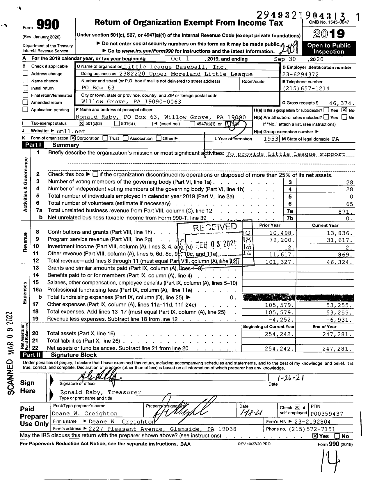 Image of first page of 2019 Form 990 for Little League Baseball - 2382220 Upper Moreland Little League