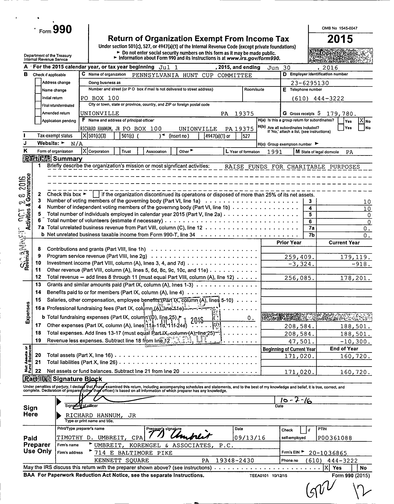 Image of first page of 2015 Form 990 for Pennsylvania Hunt Cup Committee