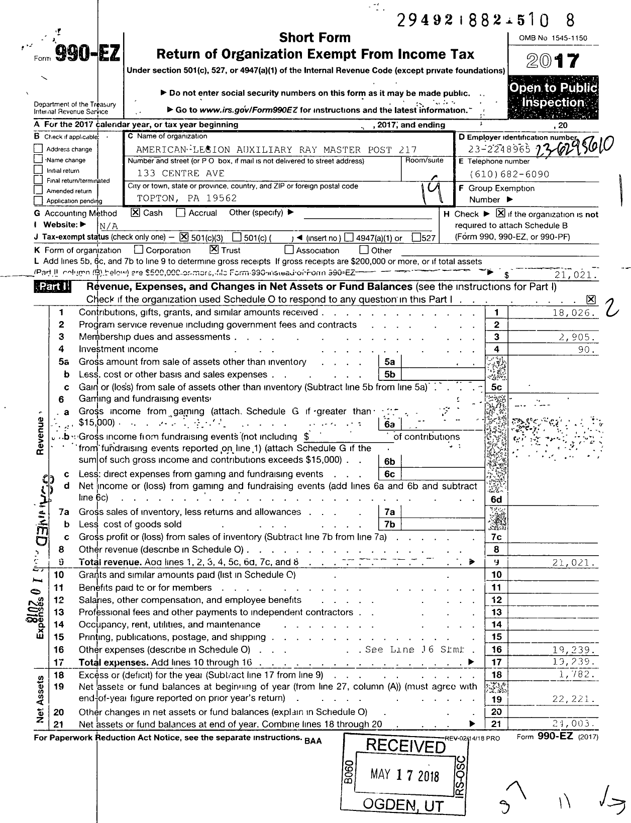 Image of first page of 2017 Form 990EO for American Legion Auxiliary - 217 Ray A Master