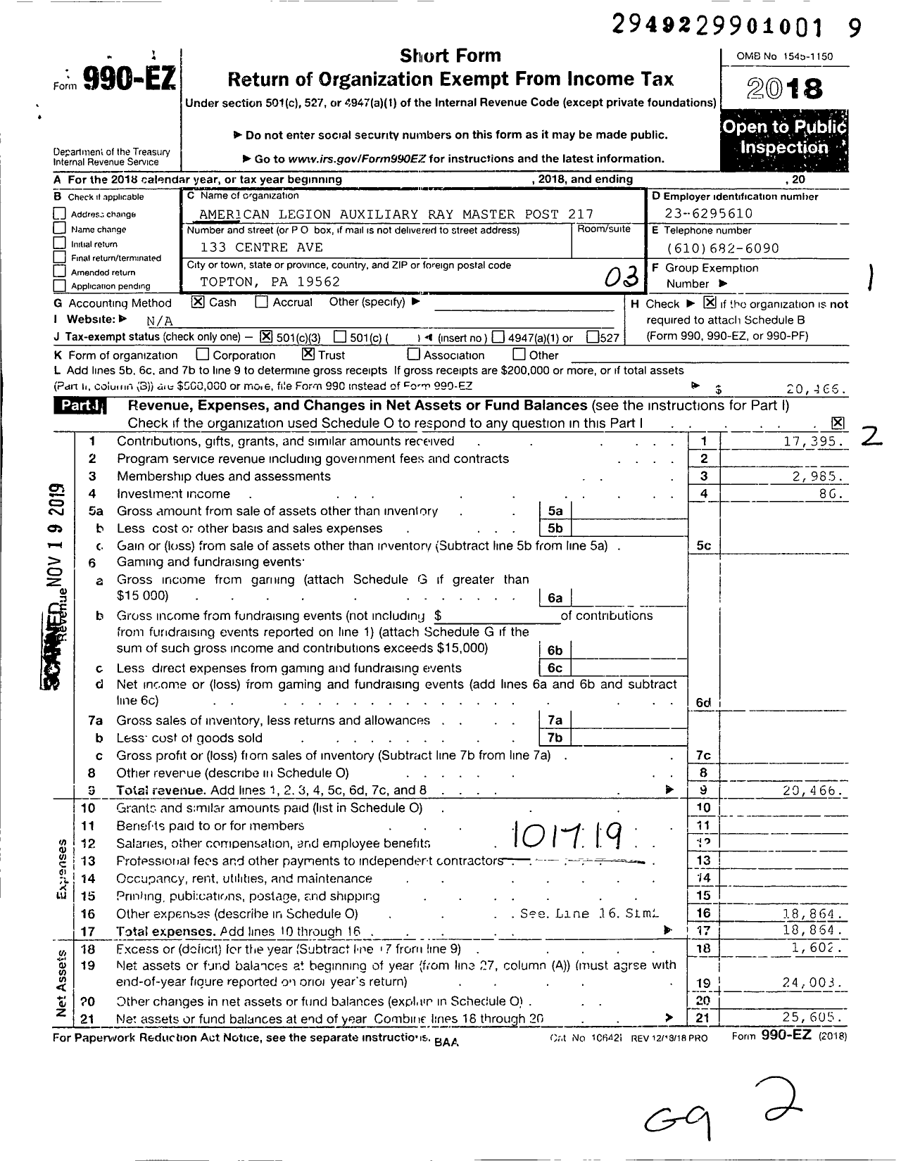 Image of first page of 2018 Form 990EZ for American Legion Auxiliary - 217 Ray A Master