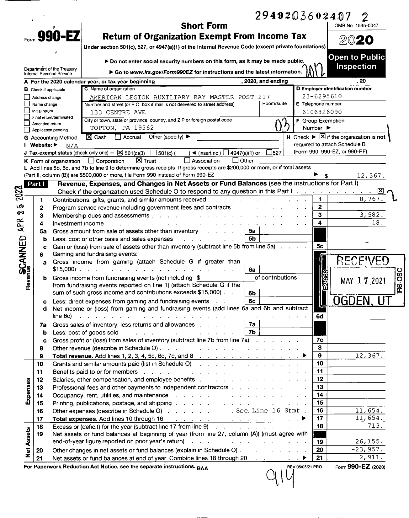 Image of first page of 2020 Form 990EZ for American Legion Auxiliary - 217 Ray A Master