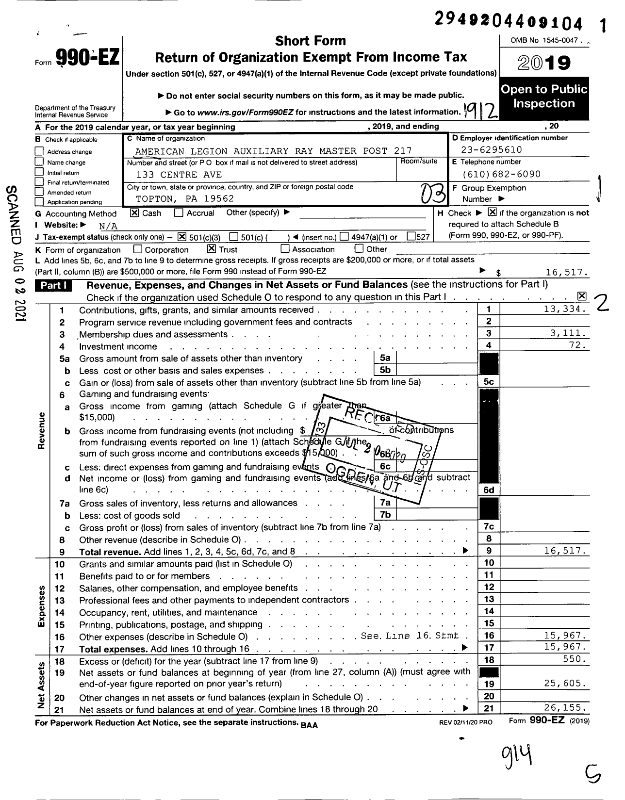 Image of first page of 2019 Form 990EZ for American Legion Auxiliary - 217 Ray A Master