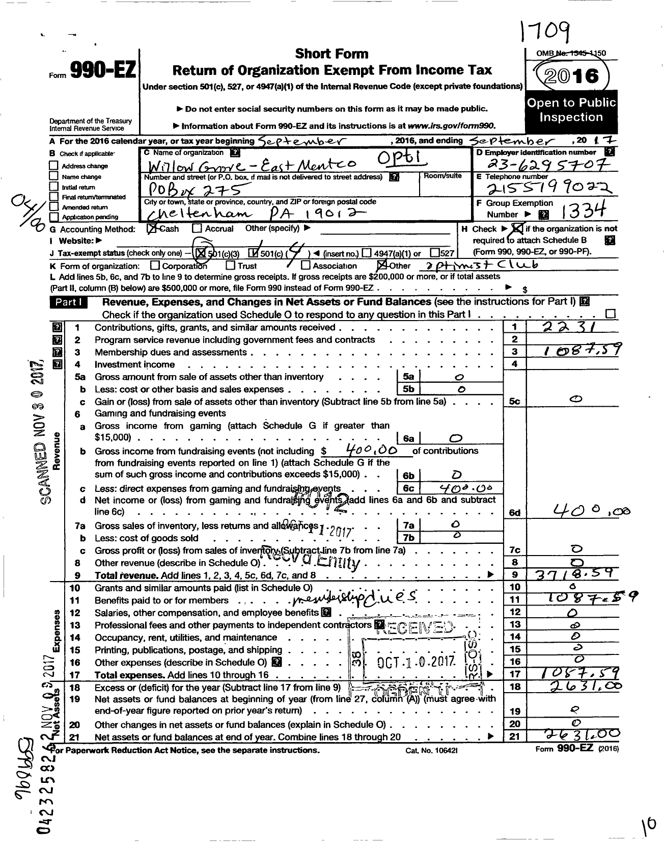 Image of first page of 2016 Form 990EO for Optimist International - 02125 Oc of Willow Grove E Montco P