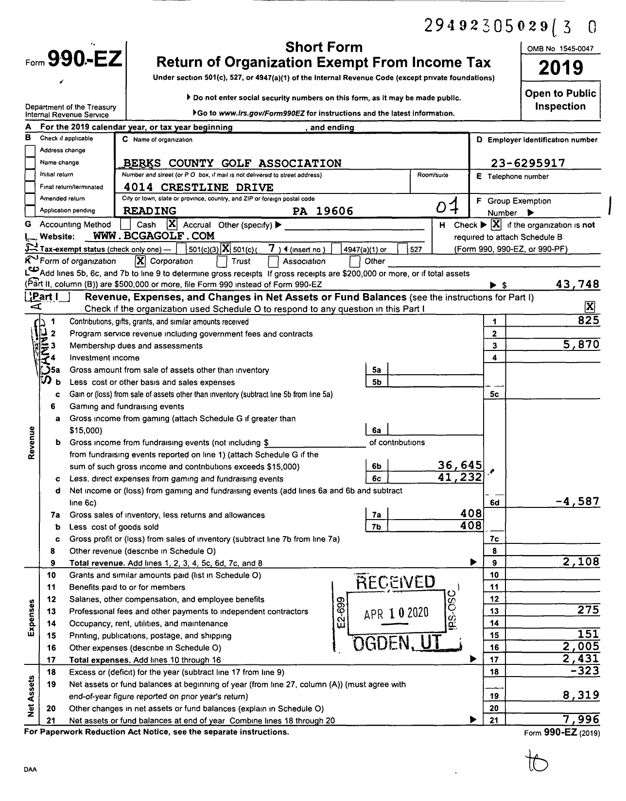 Image of first page of 2019 Form 990EO for Berks County Golf Association