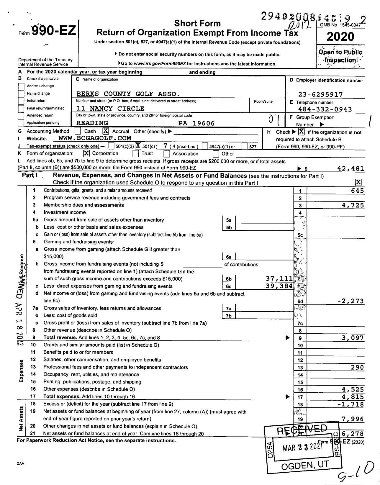 Image of first page of 2020 Form 990EO for Berks County Golf Association