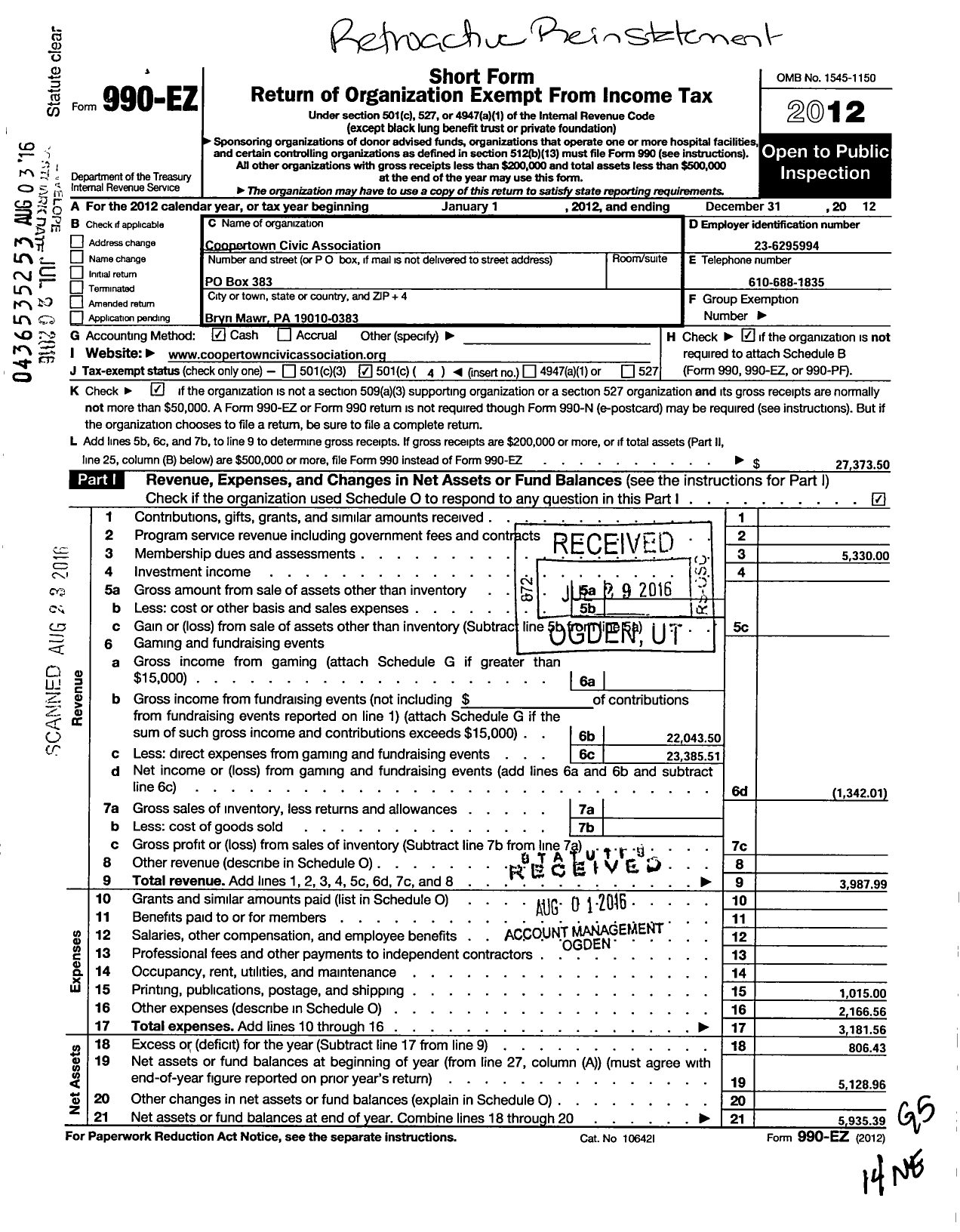 Image of first page of 2012 Form 990EO for Coopertown Civic Association