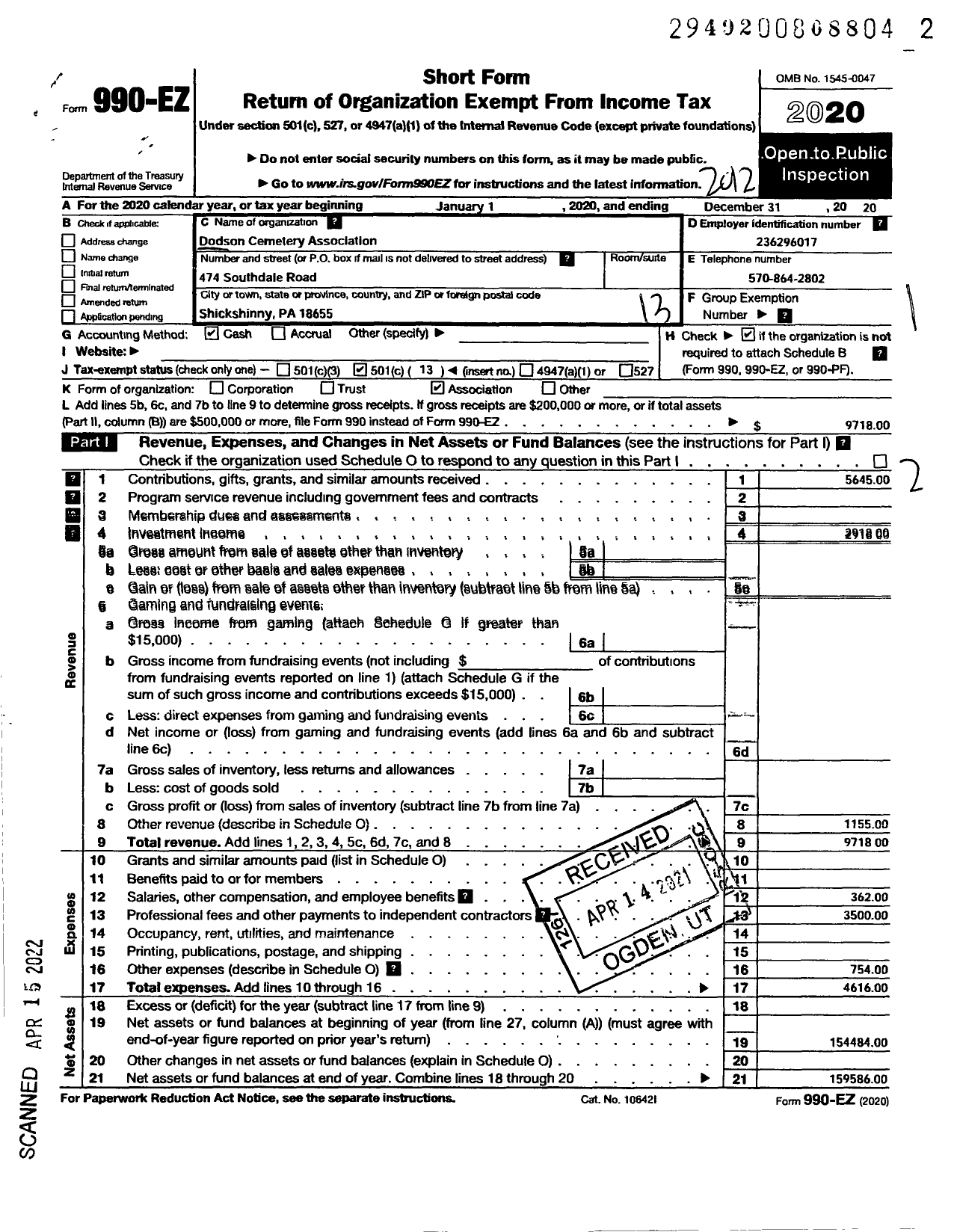 Image of first page of 2020 Form 990EO for Dodson Cemetery Association