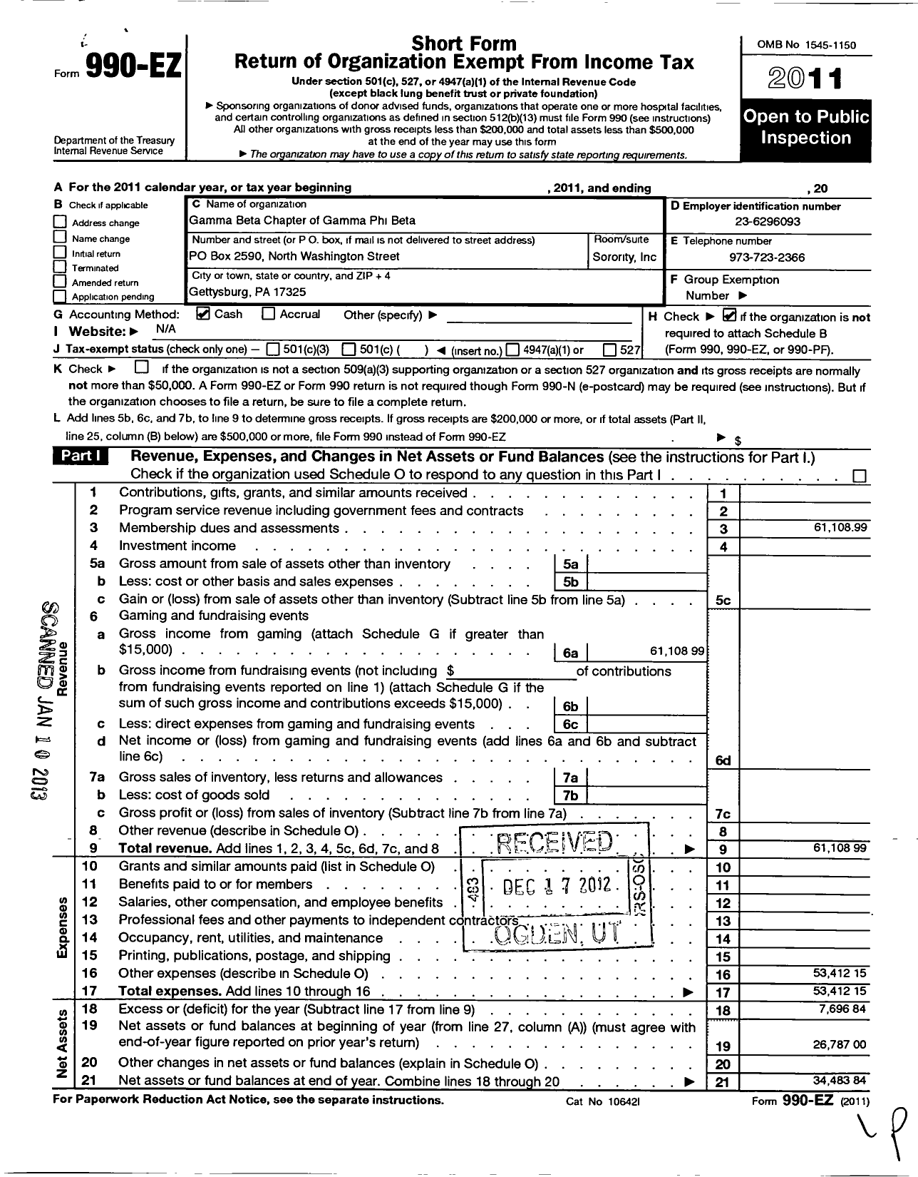 Image of first page of 2011 Form 990EO for Gamma Phi Beta Sorority - Gamma Beta Chapter