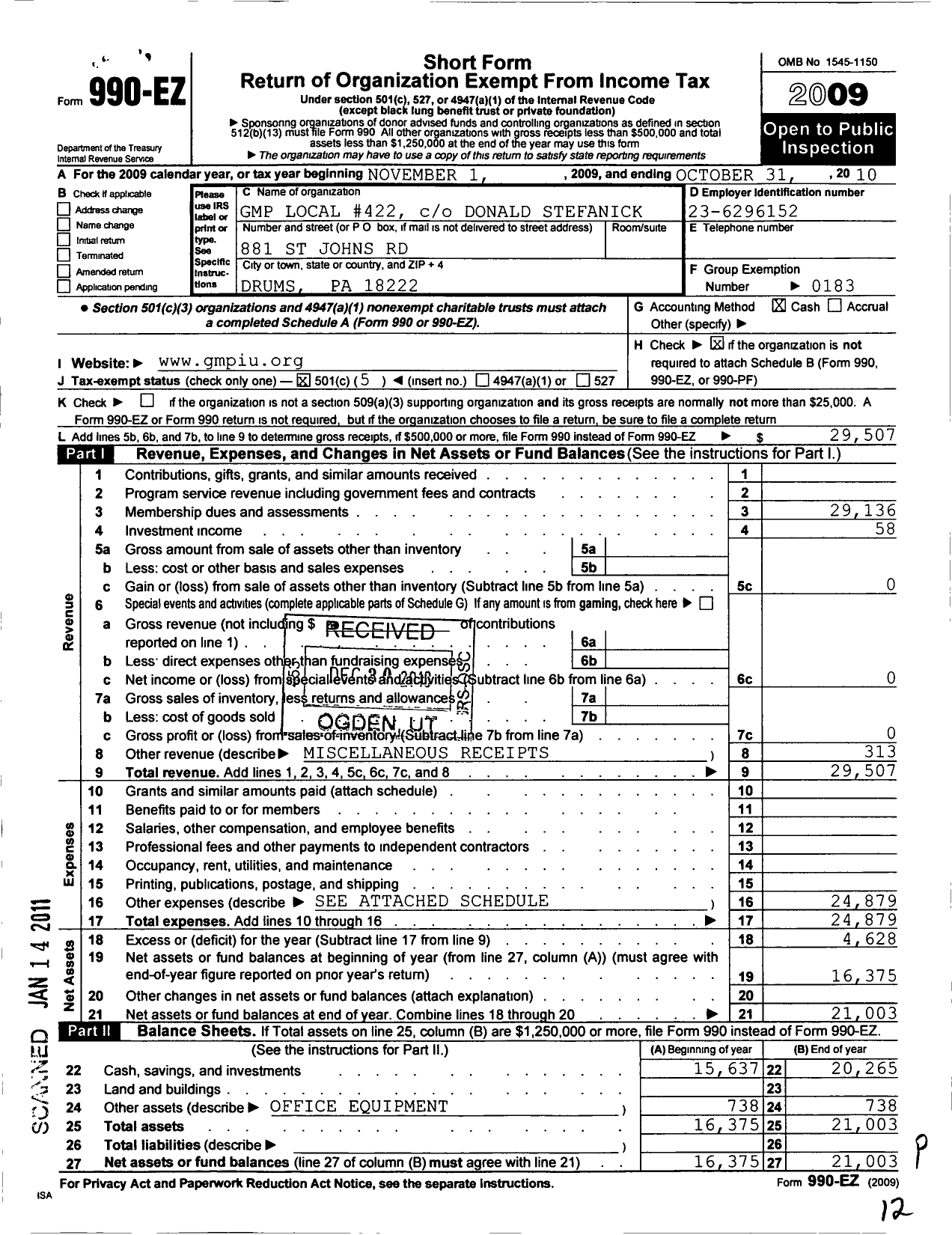 Image of first page of 2009 Form 990EO for United Steelworkers - 422M United Steelworkers Local