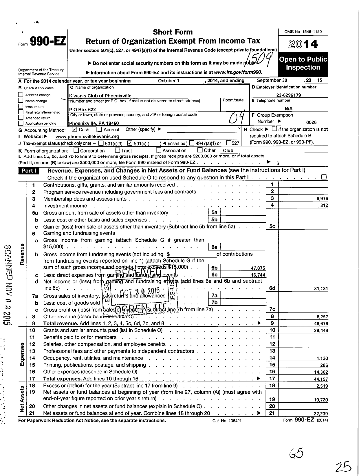 Image of first page of 2014 Form 990EO for Kiwanis International - K01421 Phoenixville