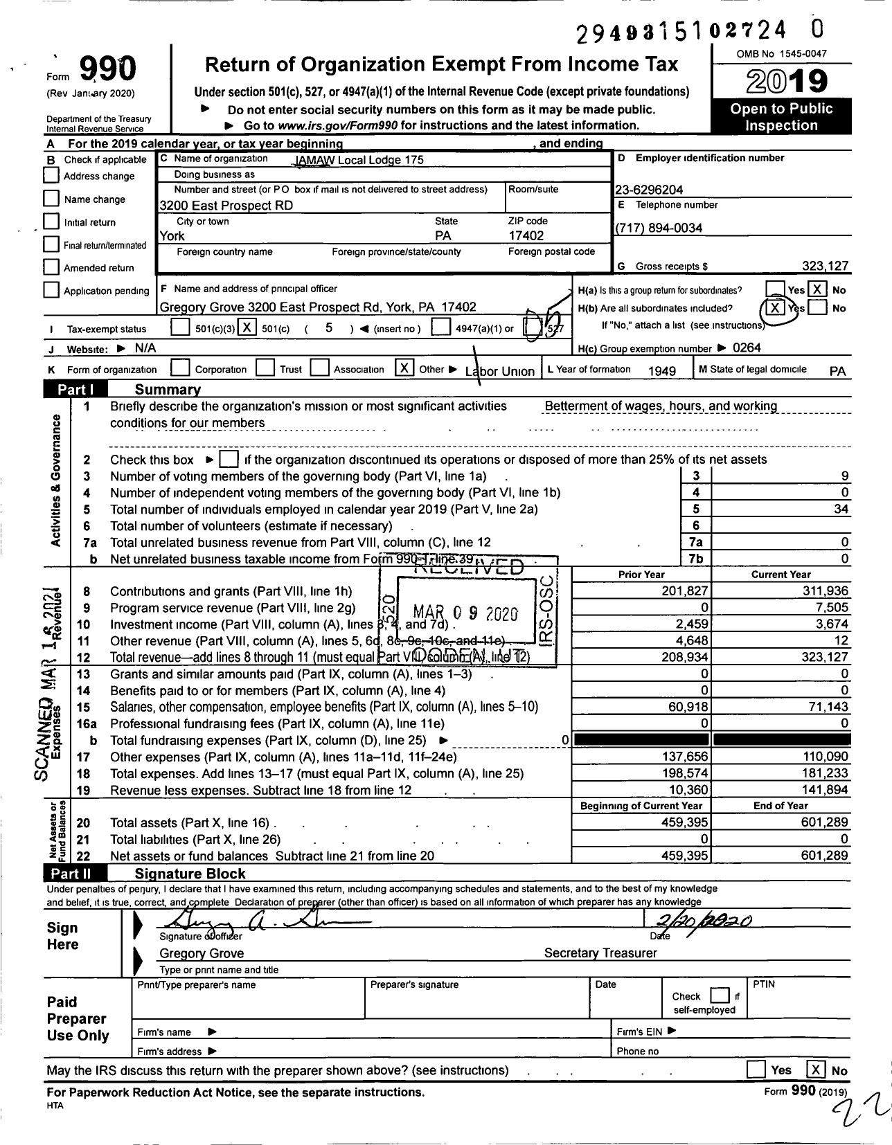 Image of first page of 2019 Form 990O for International Association of Machinists and Aerospace Workers - Tyson Lodge 175 Iamaw